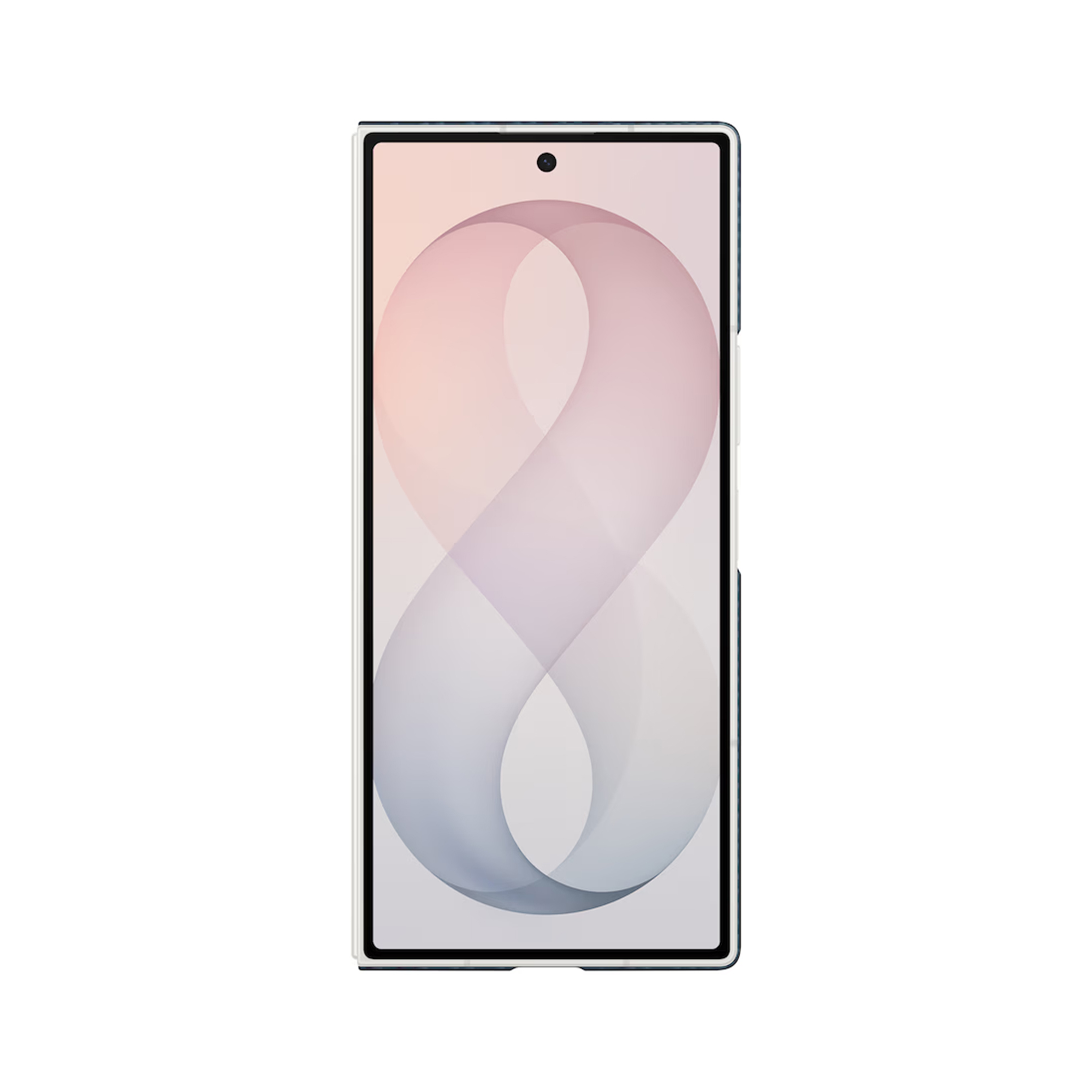 A smartphone with a white case and an abstract pink and blue pattern on the display against a white background.