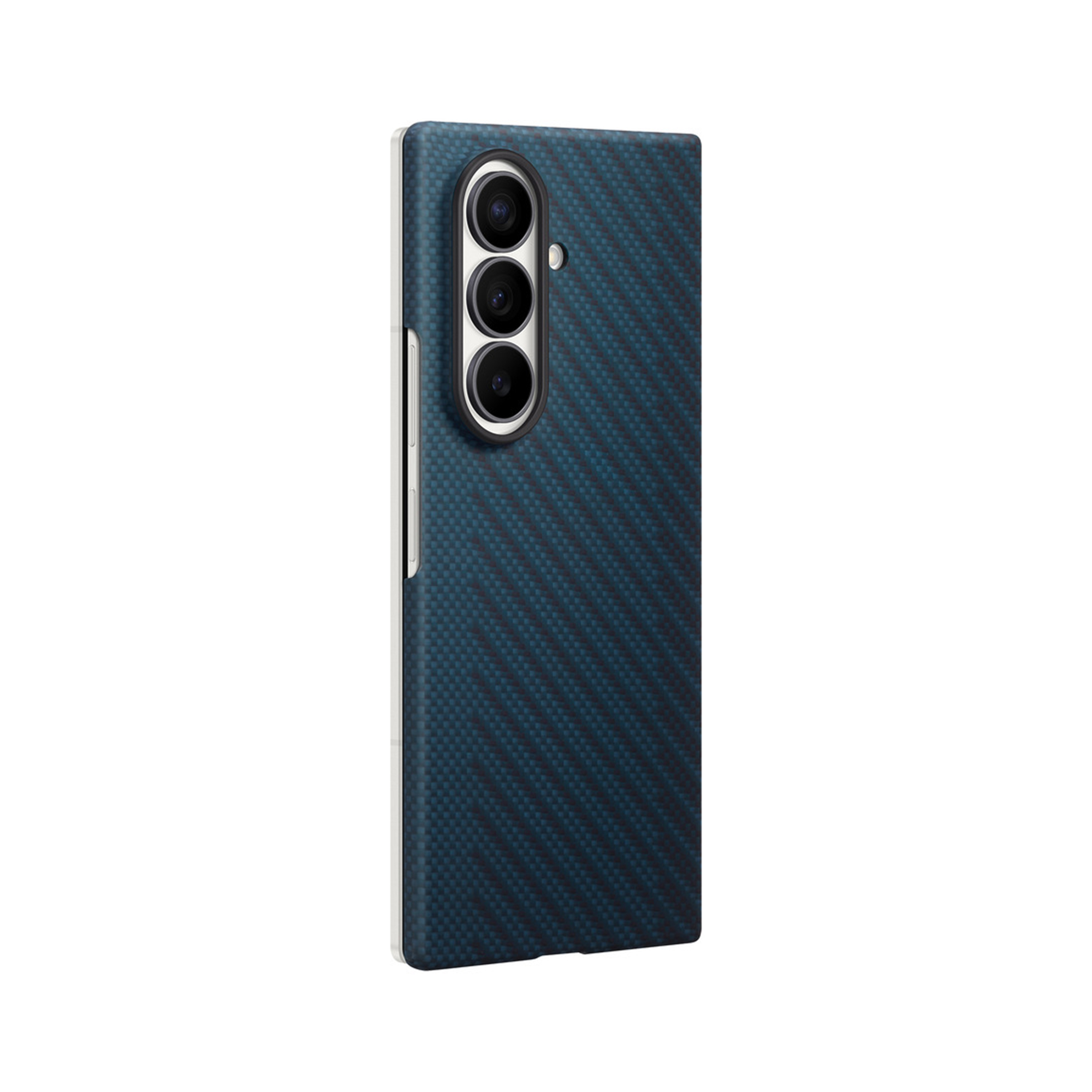 Back of a smartphone with a dark blue carbon fiber pattern and three vertical cameras on a white background.