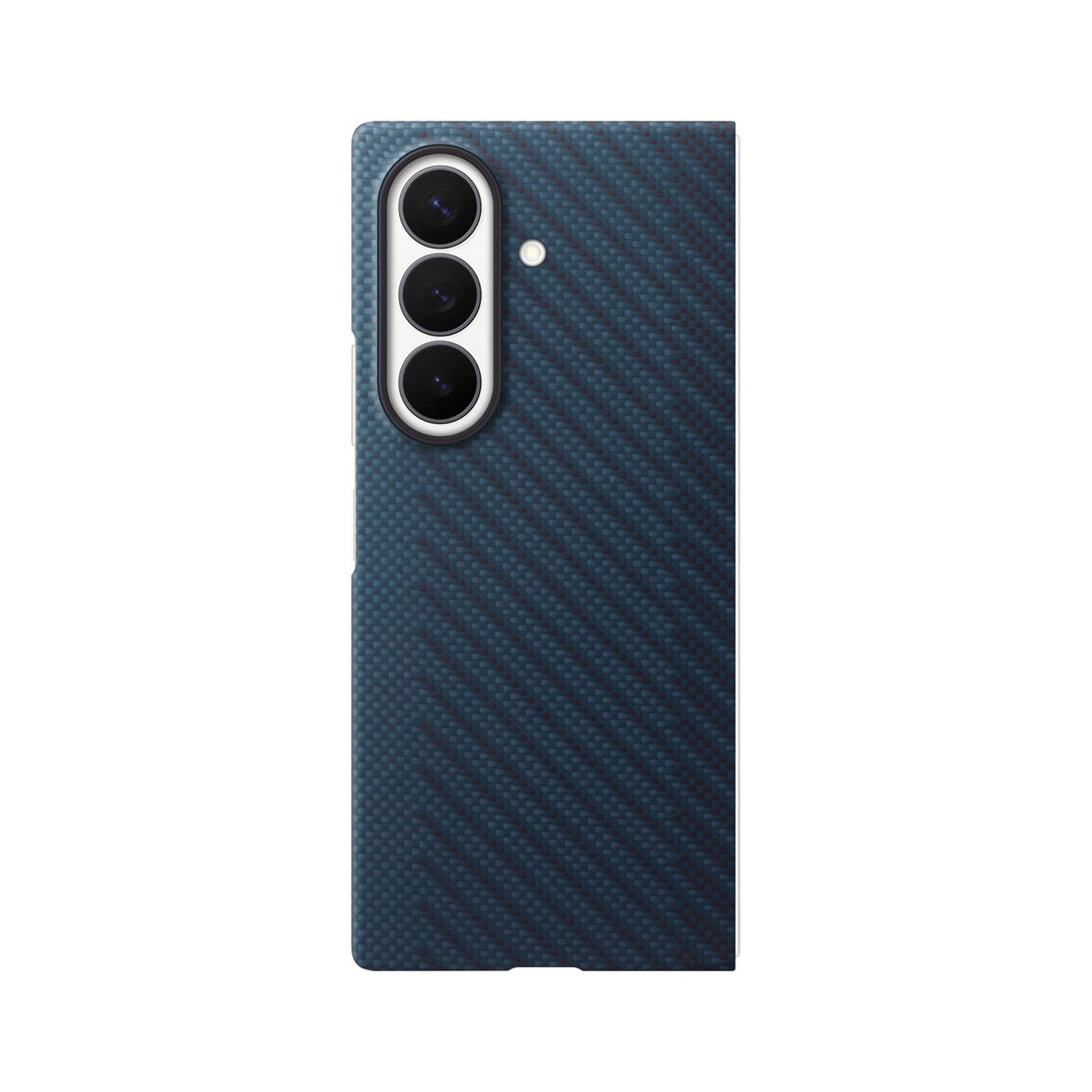 Blue smartphone back with carbon fiber pattern and a vertical triple camera.