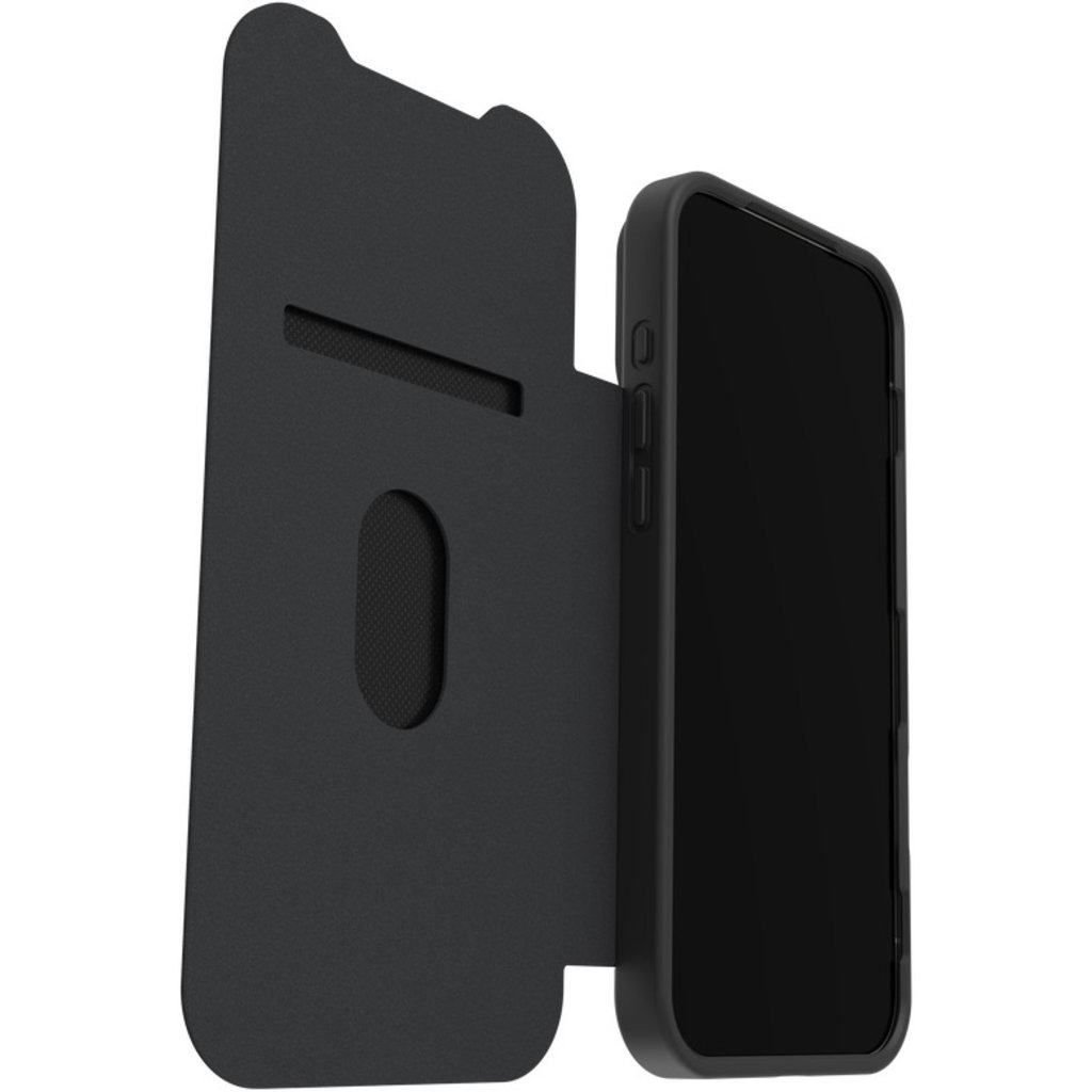 Uno smartphone nero con custodia a libro aperta che mostra tasche per carte, su sfondo bianco.