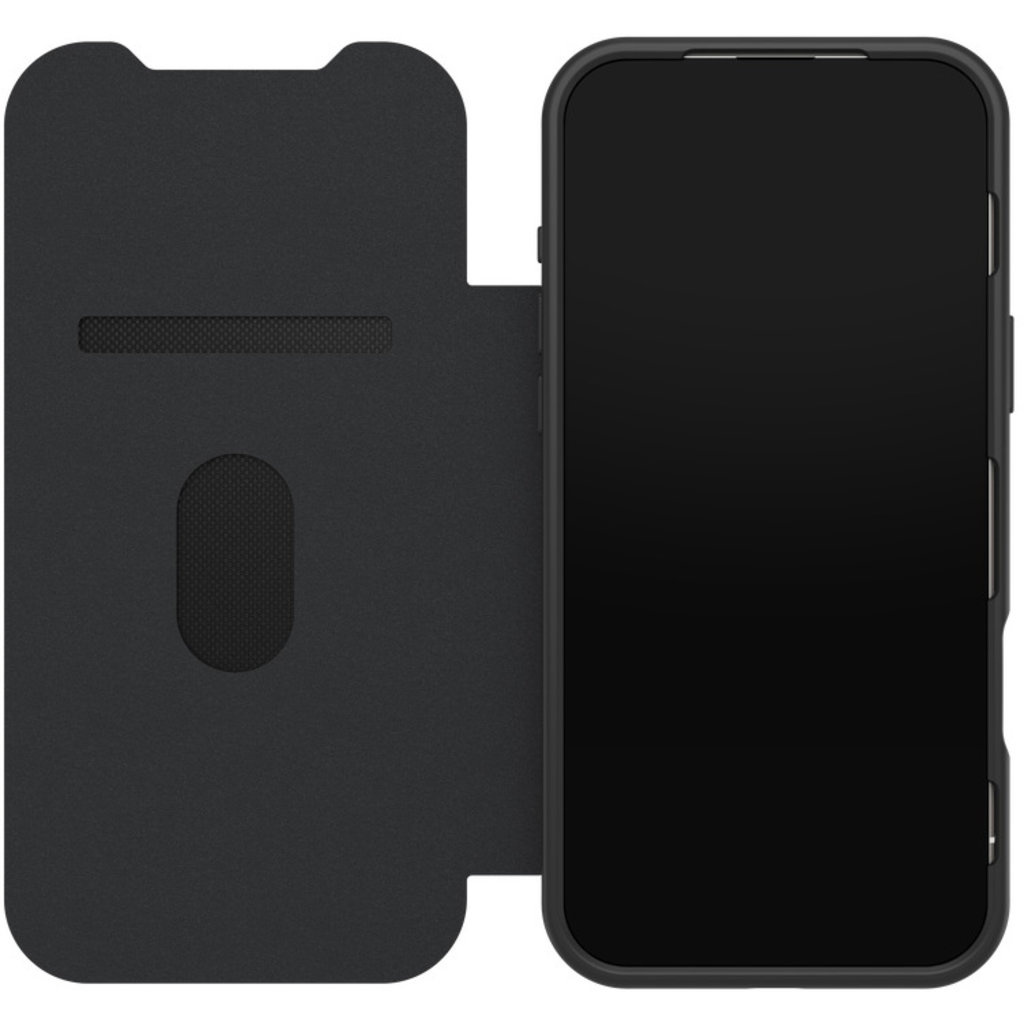 Custodia per smartphone nera a libro aperta con telefono e porta carte su sfondo bianco.