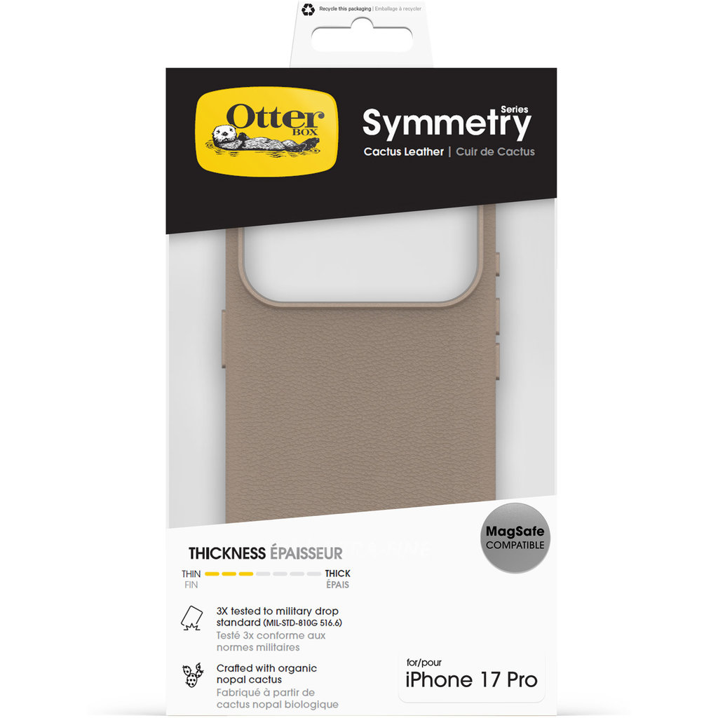 Custodia per telefono OtterBox Symmetry in pelle di cactus per iPhone 17 Pro nella confezione.