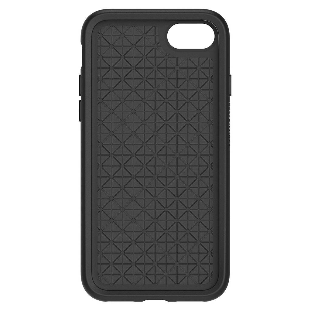 Una funda protectora negra para teléfono con un patrón de triángulos geométricos en el panel posterior.