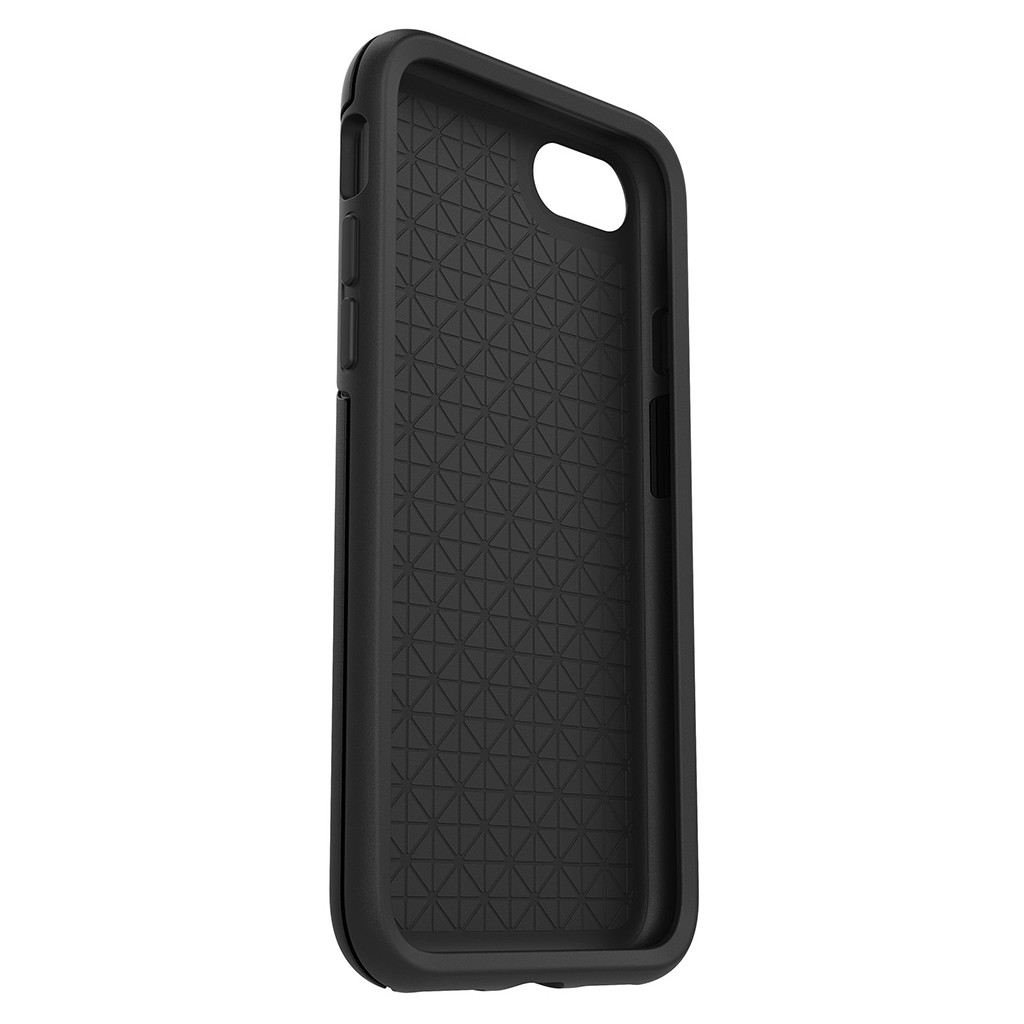 Una funda para smartphone negra y resistente con un patrón interior geométrico.