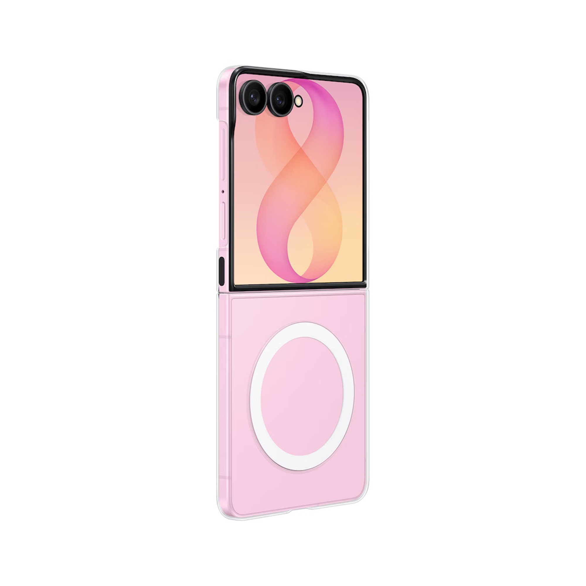 Uno smartphone pieghevole rosa con custodia protettiva e dettaglio MagSafe circolare sul retro su sfondo bianco.