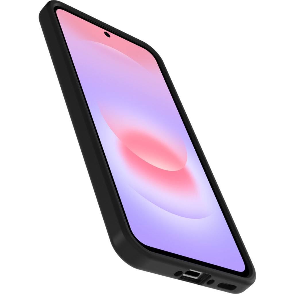 Uno smartphone nero in una custodia nera è visto da un'angolazione su sfondo bianco.