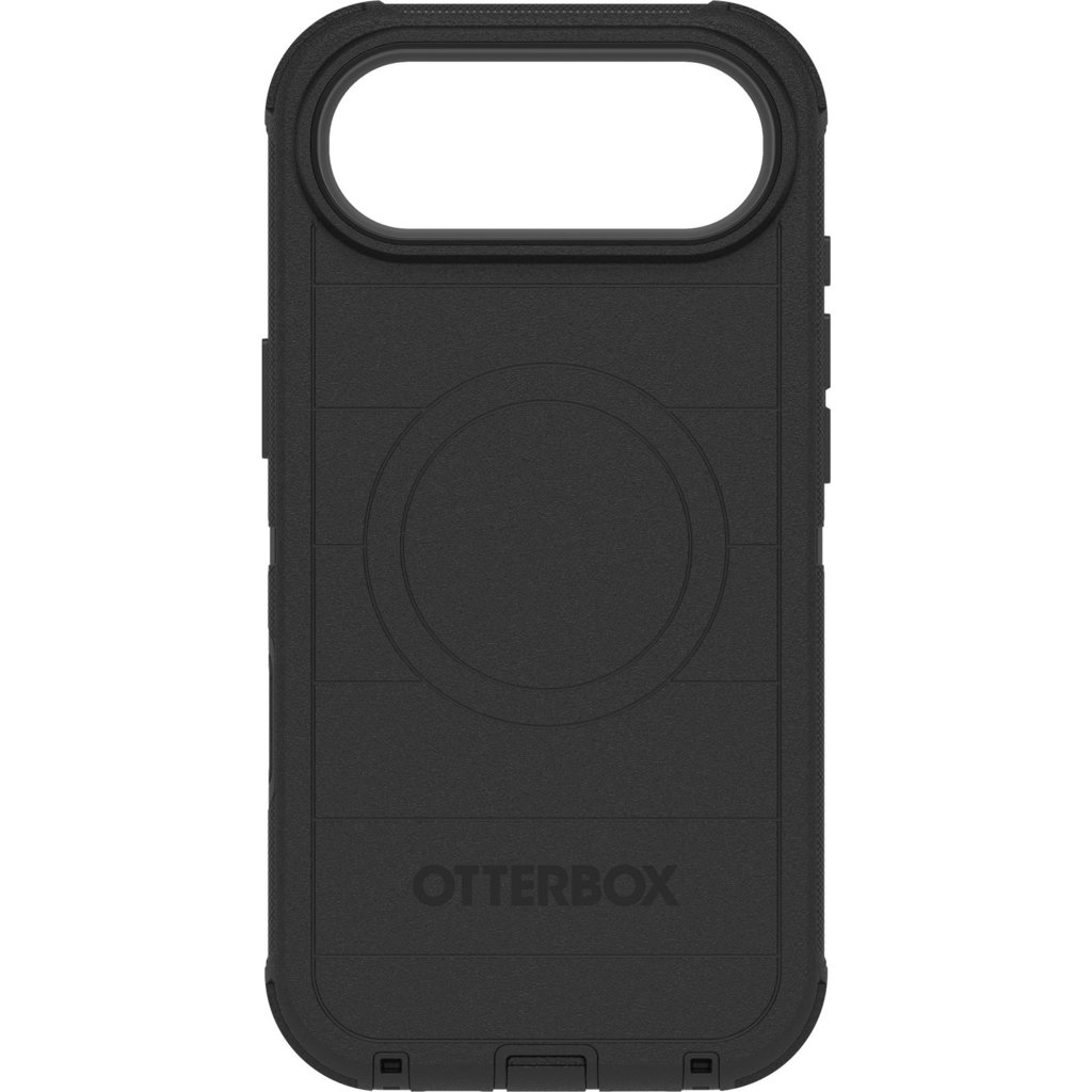 Eine schwarze Otterbox-Handyhülle mit MagSafe-Ring und Kamera-Aussparung auf weißem Hintergrund.