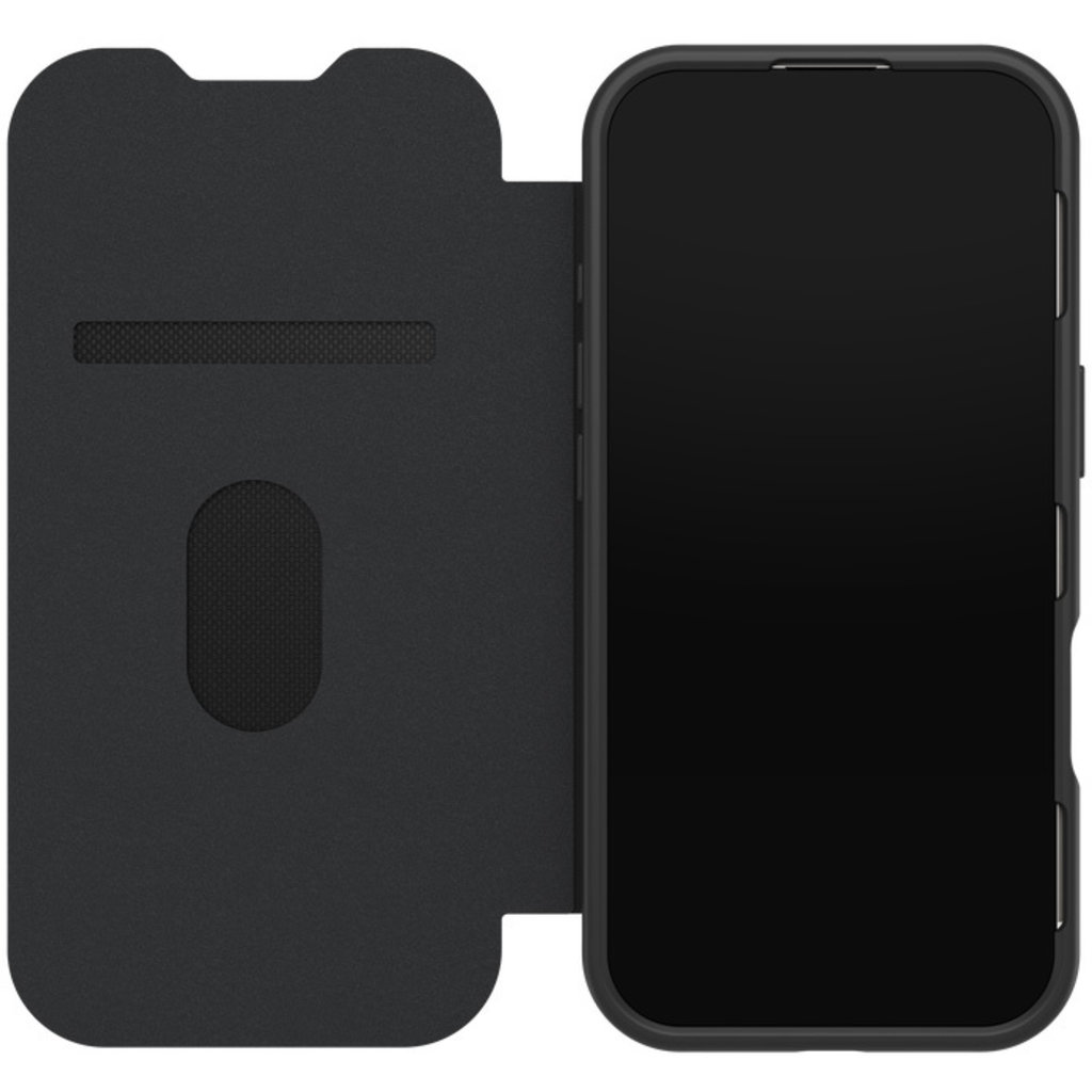 Uno smartphone nero in una custodia con porta carte interno.