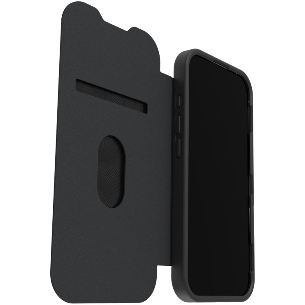 Uno smartphone nero con custodia protettiva a libro, che mostra fessure per carte aperte sulla patta interna.