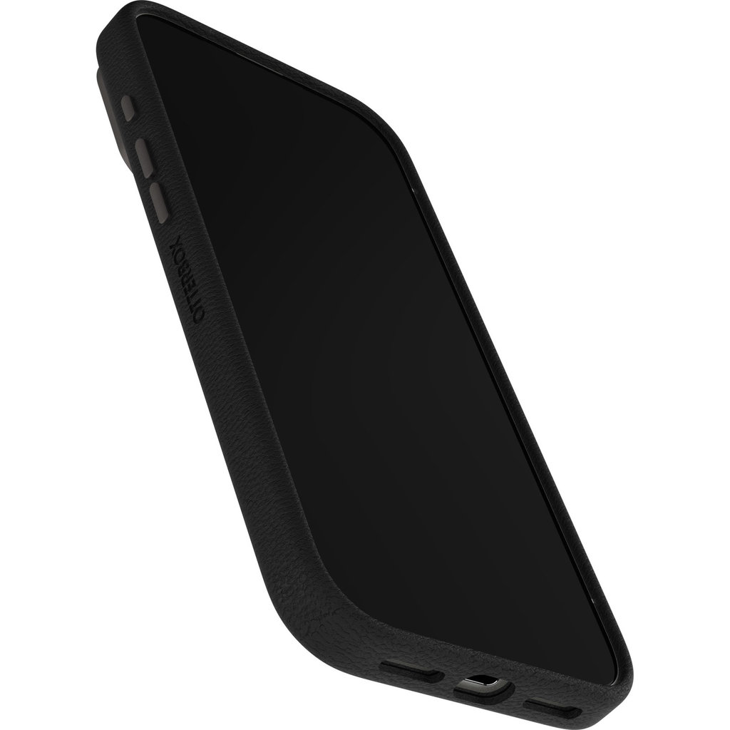 Smartphone nero in custodia di pelle OtterBox nera, visto di sbieco su sfondo bianco.