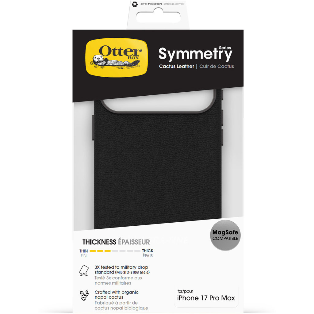 Confezione per custodia OtterBox Symmetry Cactus Leather per iPhone 17 Pro Max, nera e compatibile MagSafe.