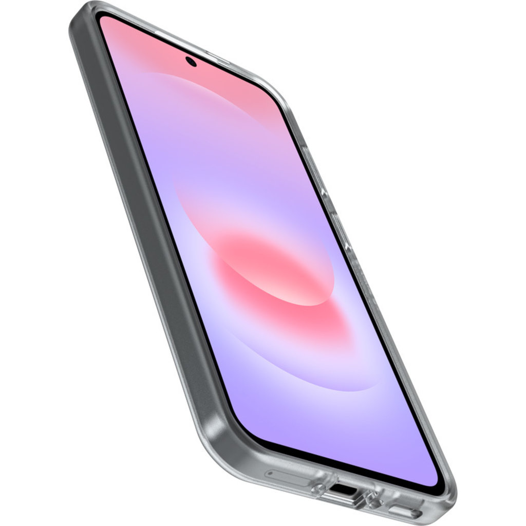 Un smartphone en funda transparente con pantalla rosa y morada sobre fondo blanco.