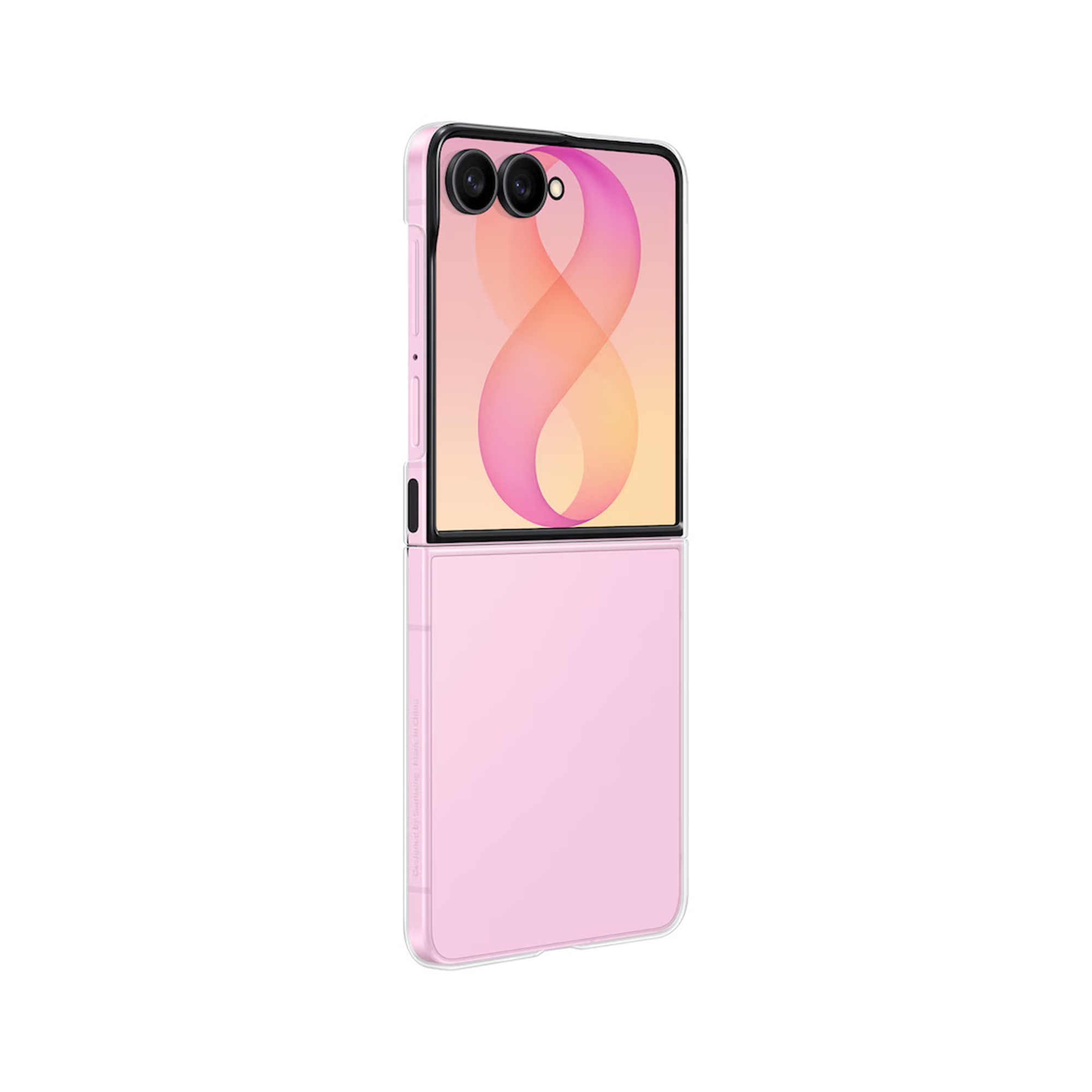 Uno smartphone pieghevole rosa in custodia trasparente, con due fotocamere posteriori e display esterno astratto.