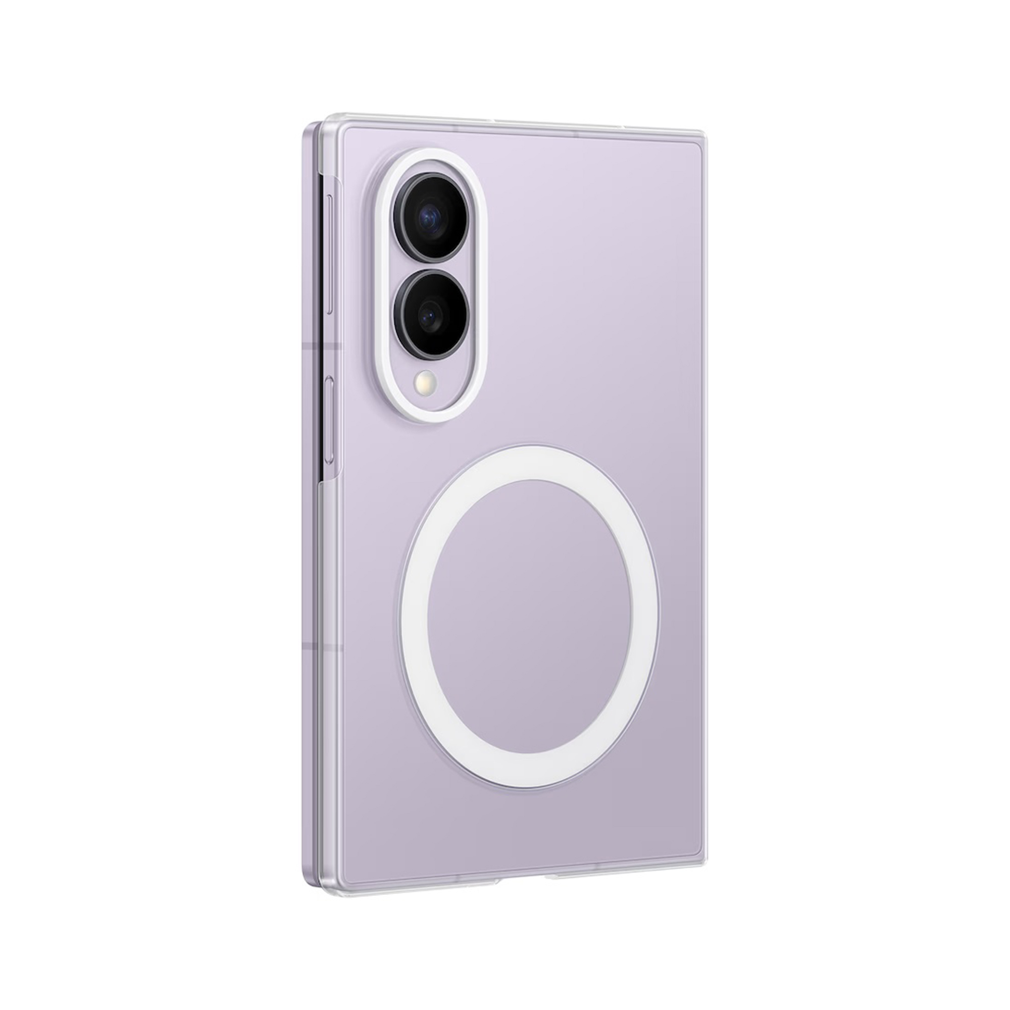 Uno smartphone lilla chiaro in cover trasparente con anello magnetico bianco e modulo fotocamera.