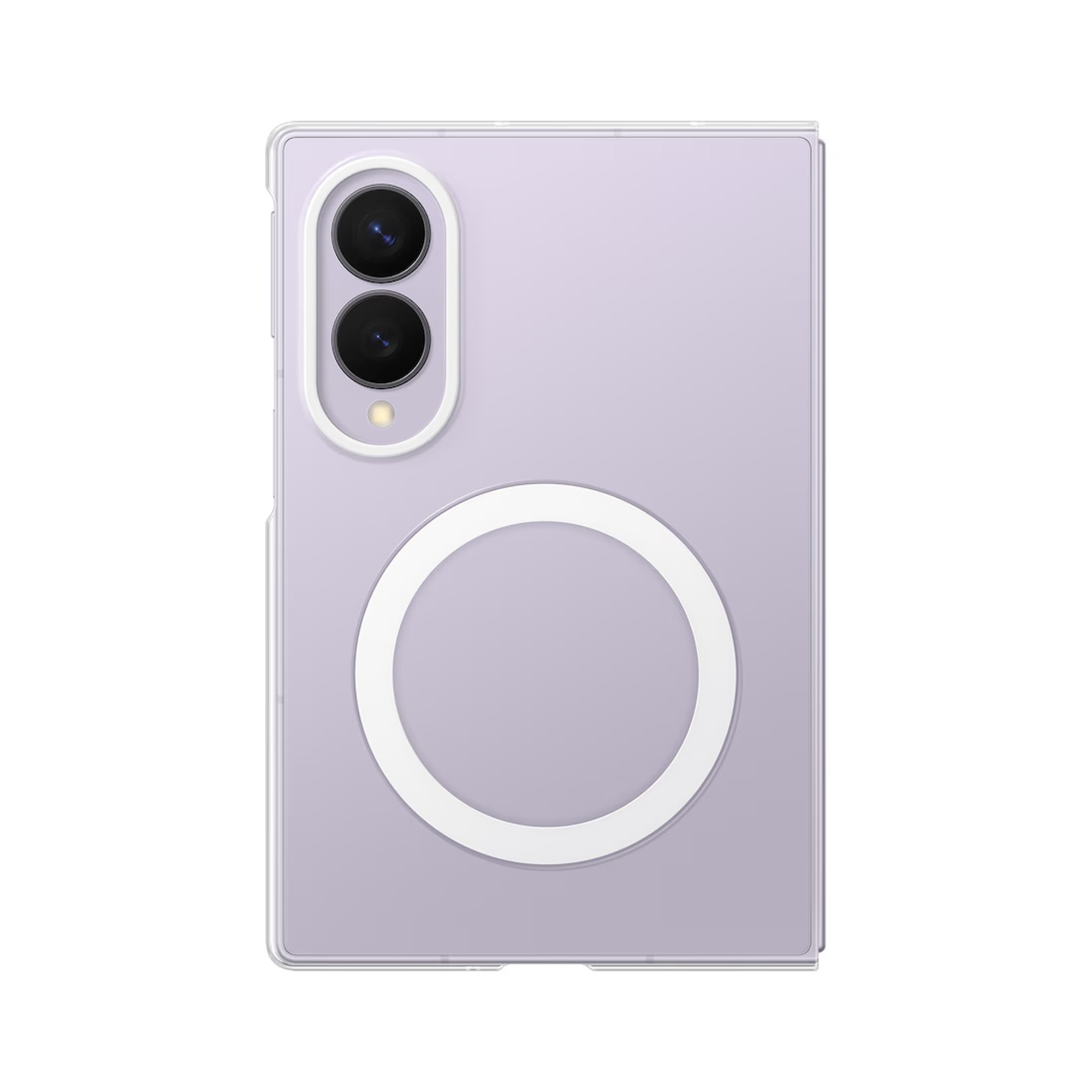 Retro di uno smartphone viola chiaro in custodia trasparente con anello bianco e fotocamera.