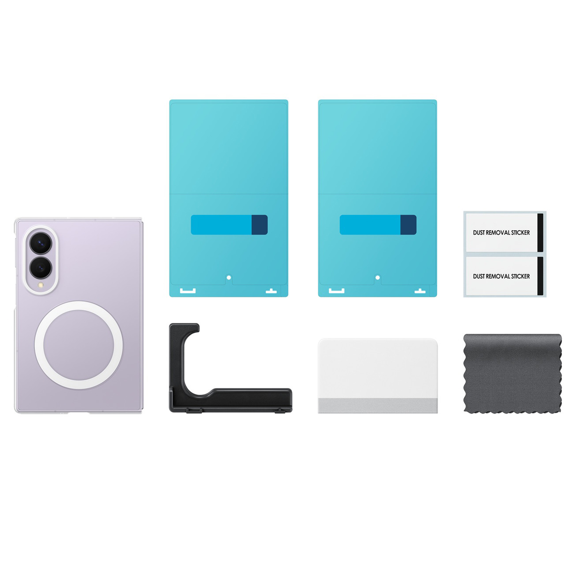 Uno smartphone viola con custodia, due protezioni schermo blu, una cornice nera, una spatola, adesivi antipolvere e un panno.