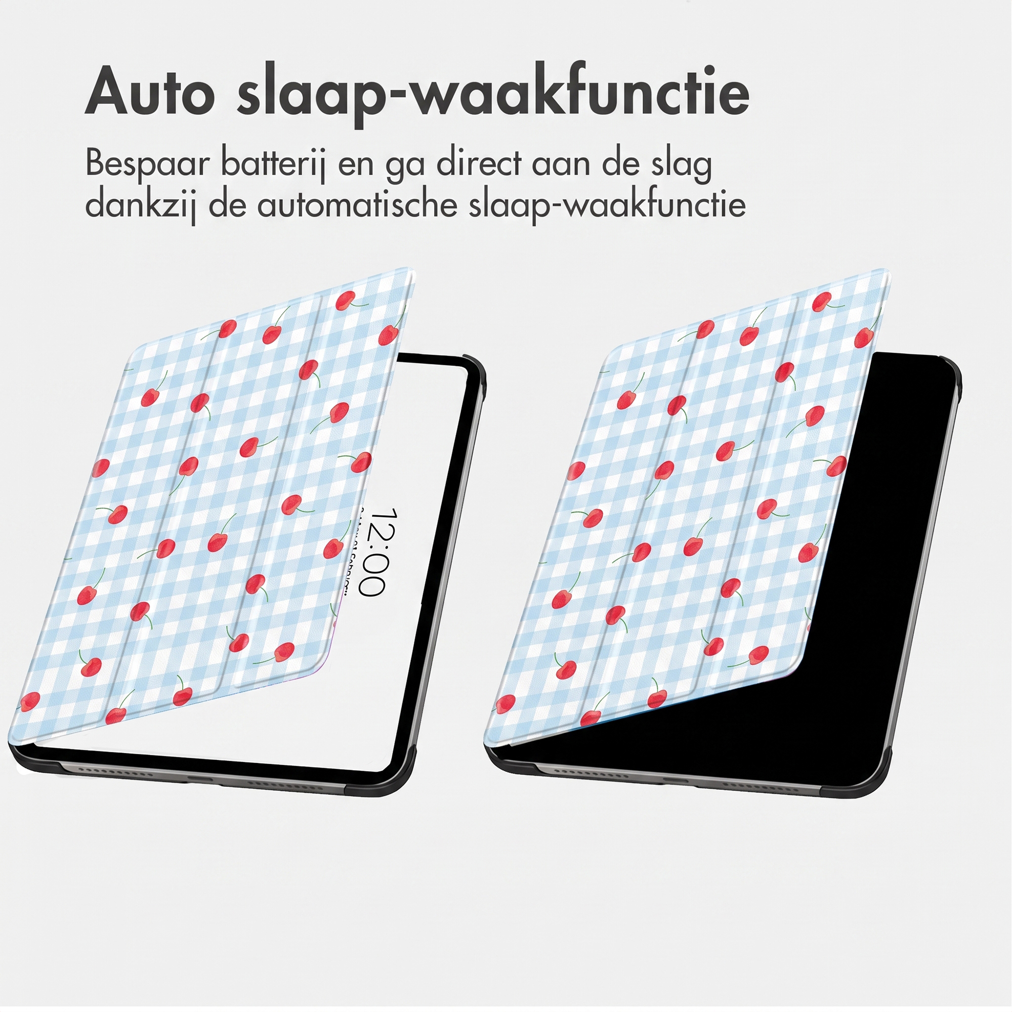 Deux tablettes avec des étuis à carreaux vichy bleus et blancs et des cerises, avec du texte au-dessus.
