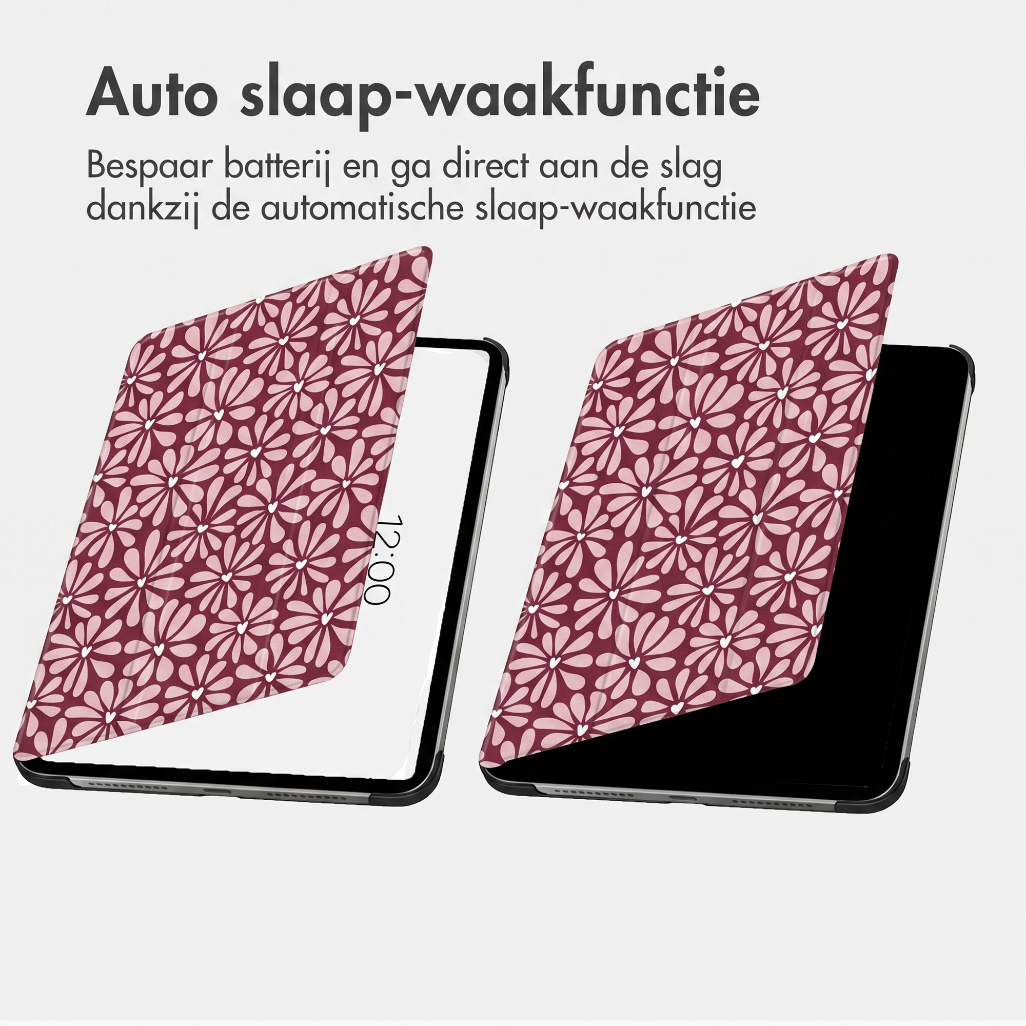 Deux tablettes avec étuis floraux roses et fonction veille automatique sur fond blanc.