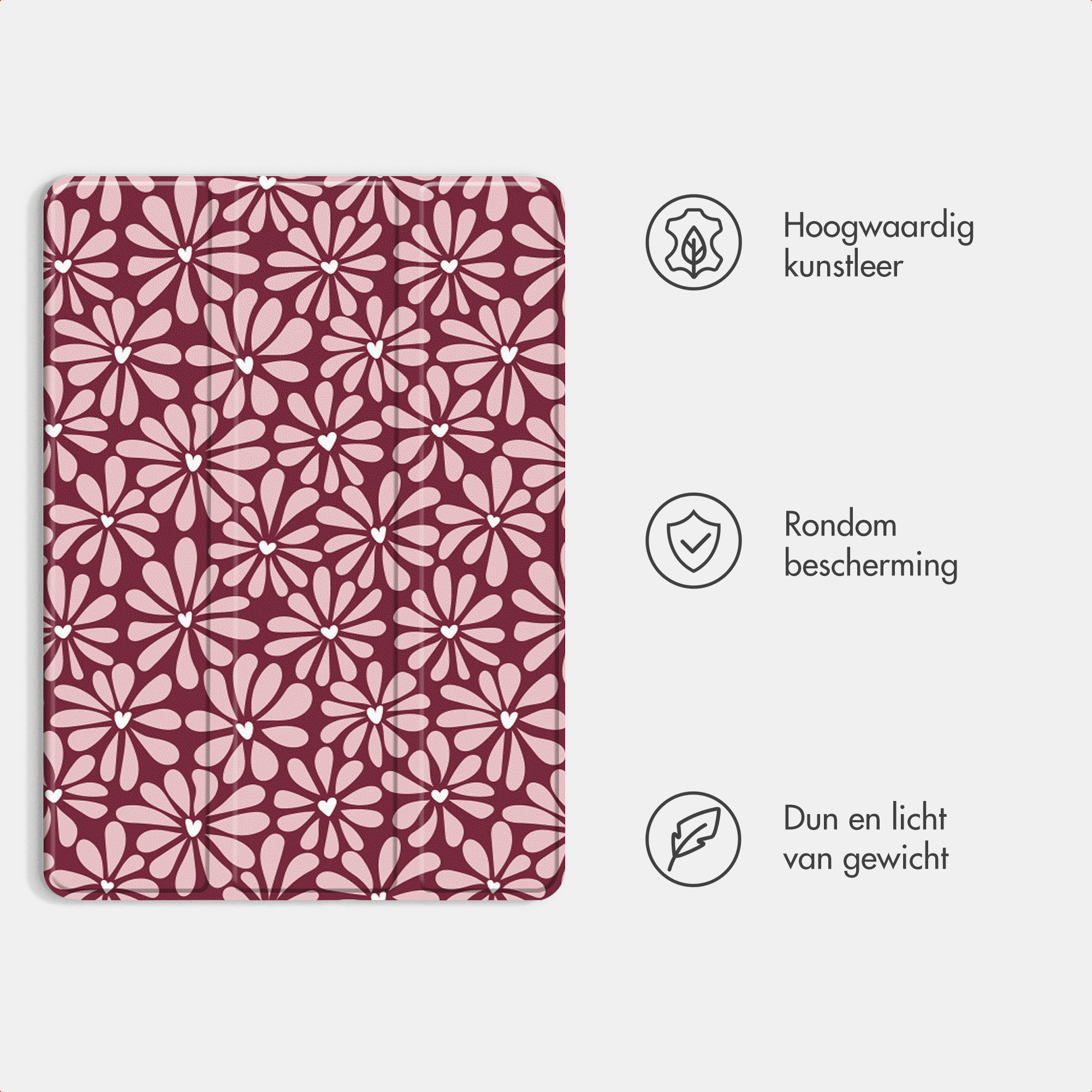 Housse de tablette rose et marron avec motif marguerite et trois icônes avec du texte.