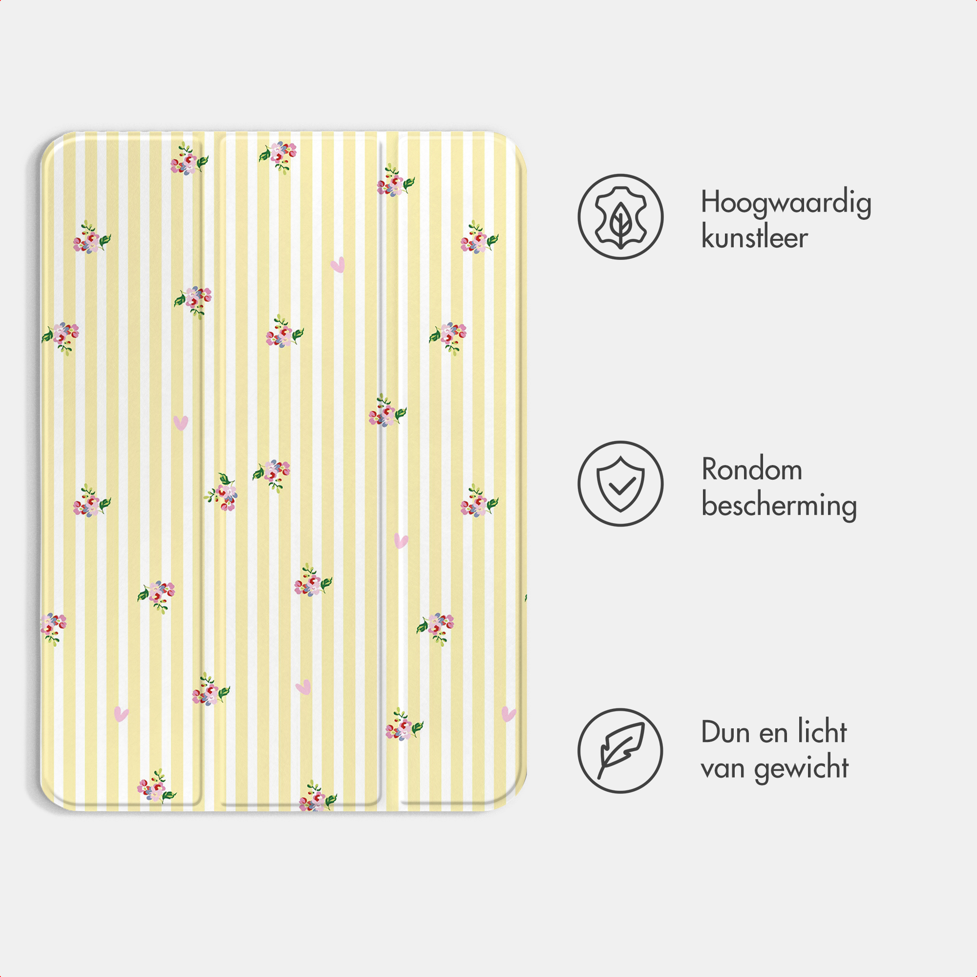 Un étui de tablette rayé jaune et blanc avec des motifs floraux et du texte en néerlandais.