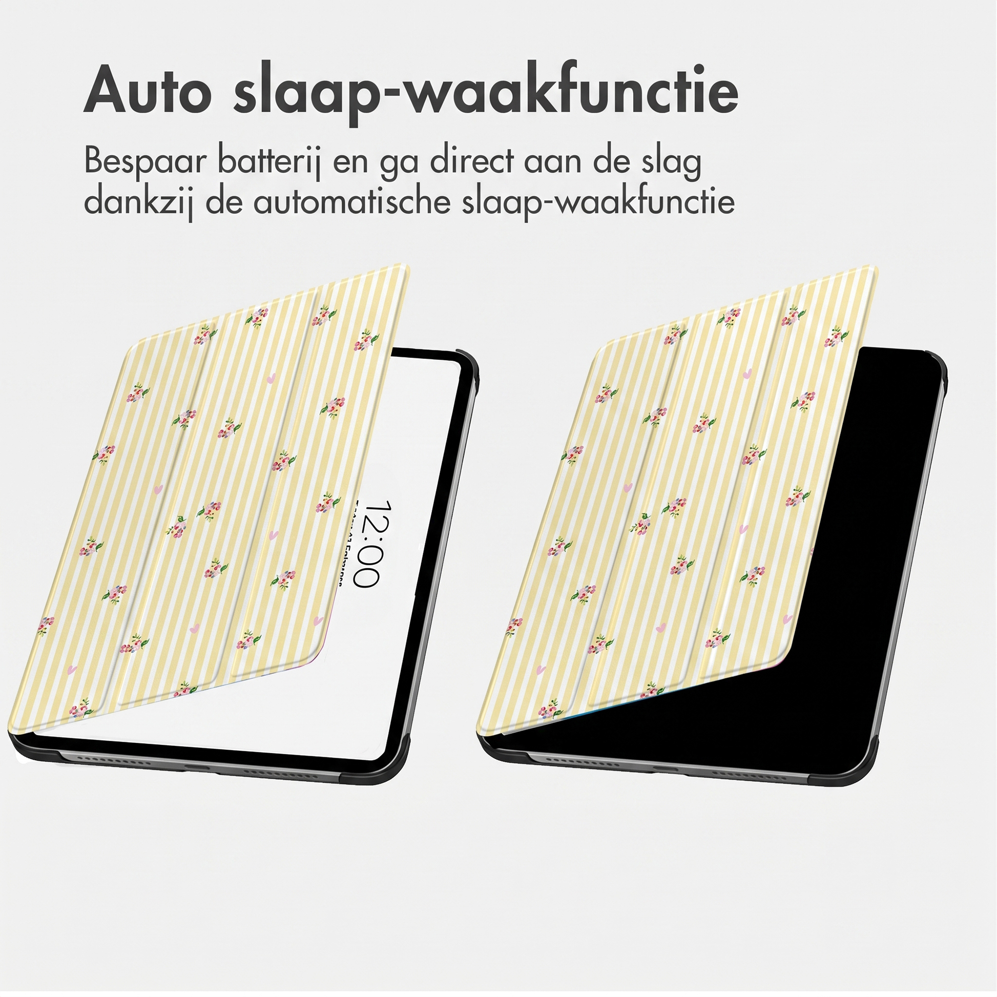 Deux étuis de tablette à rayures jaunes et motifs floraux sur fond blanc, démontrant la fonction de mise en veille automatique.
