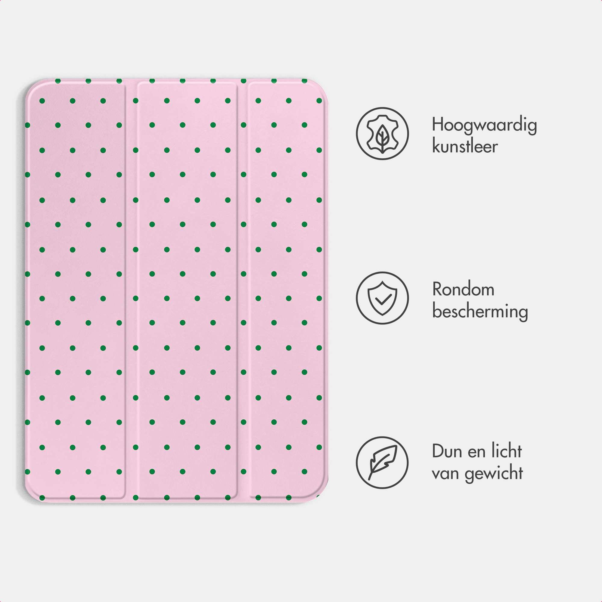 Étui rose pour tablette avec pois verts et icônes de fonctionnalités.