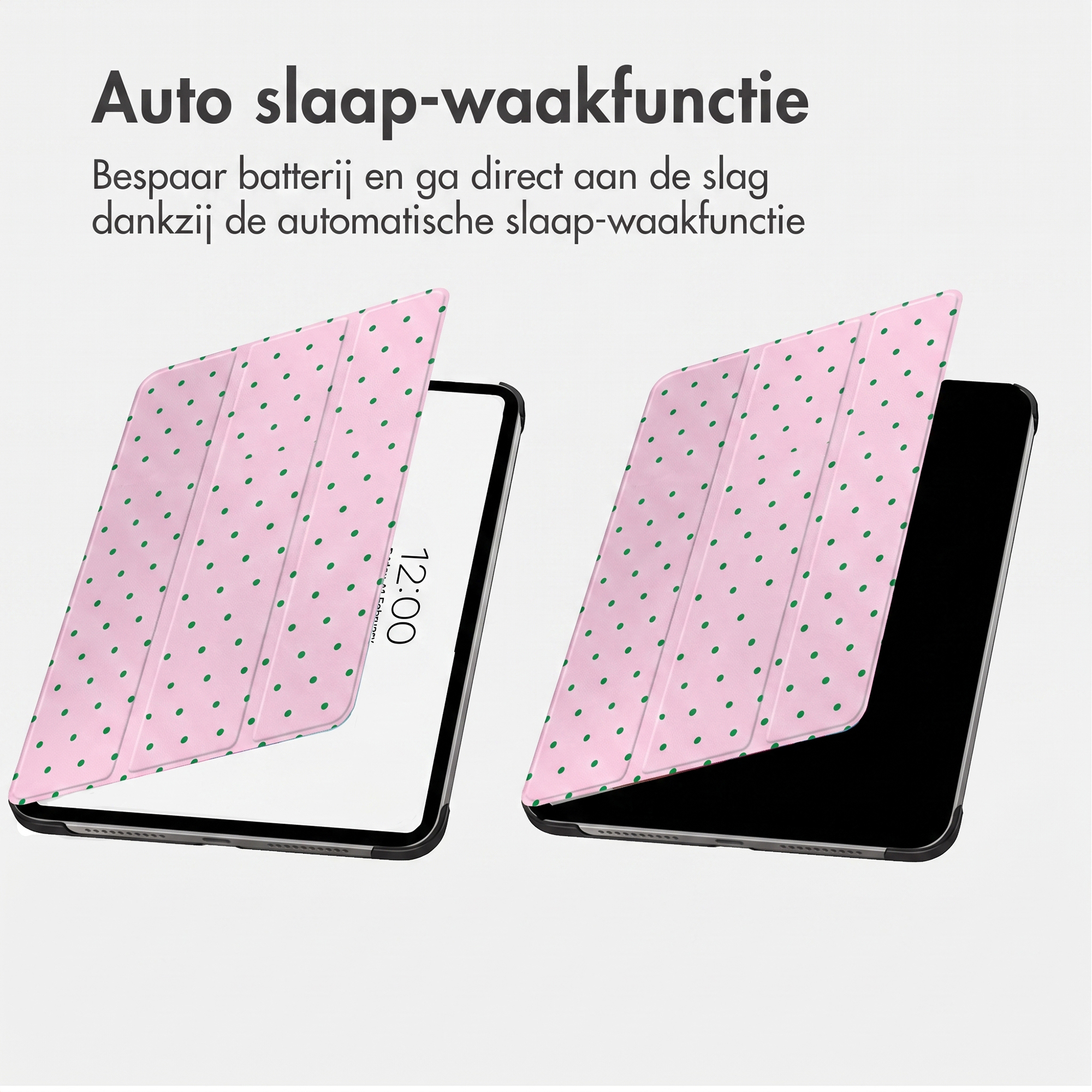 Deux tablettes avec des étuis roses à pois démontrent la fonction de mise en veille automatique.