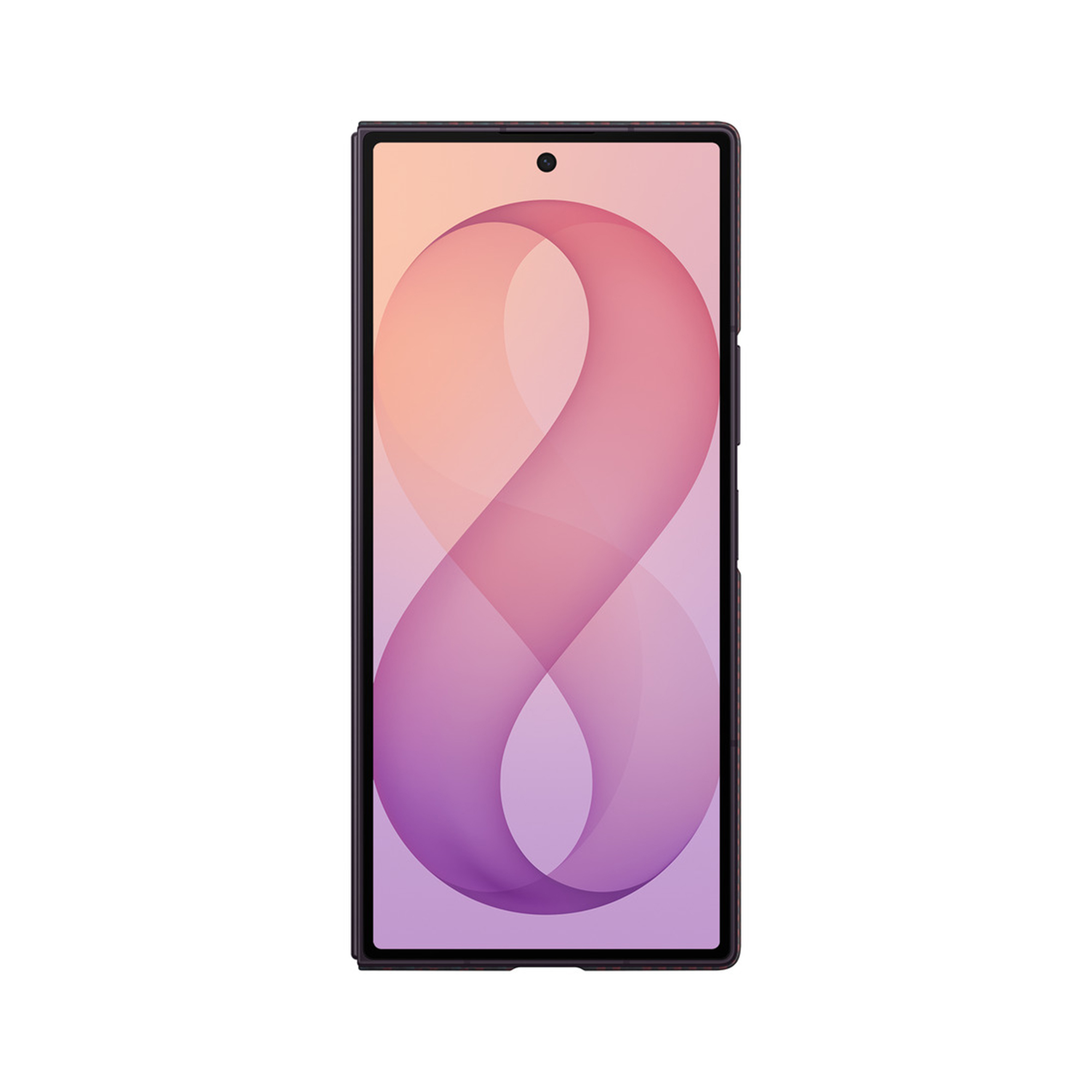 Een smartphone met een verloopachtergrond van ineengestrengelde roze en paarse lussen.