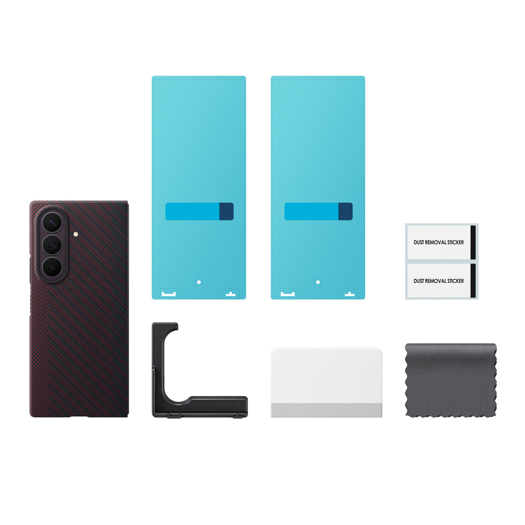 Smartphone in rood-zwarte hoes en installatie-accessoires zoals folies, houder, rakel en doek.