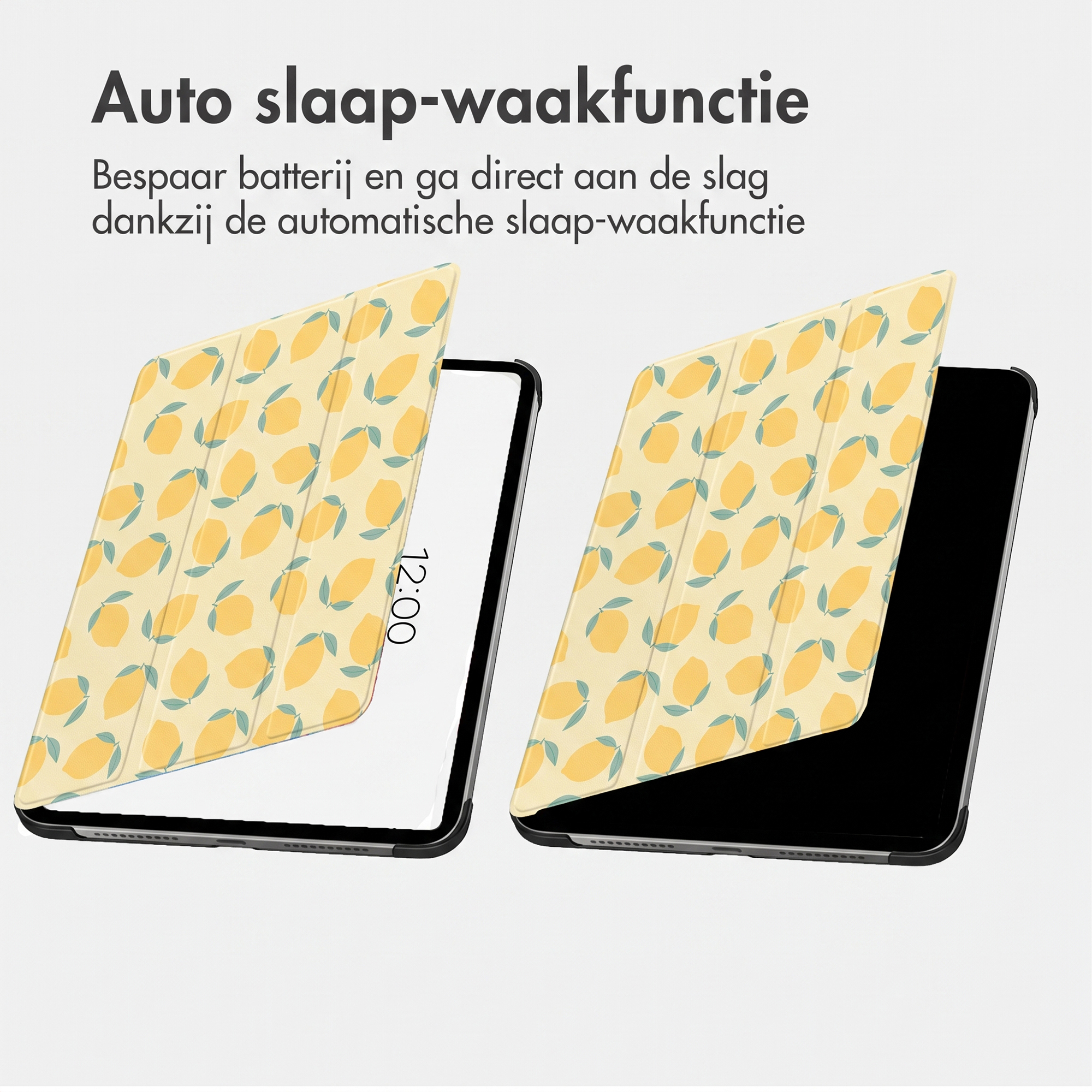 Due tablet con cover a limoni gialli, uno attivo e uno in standby.