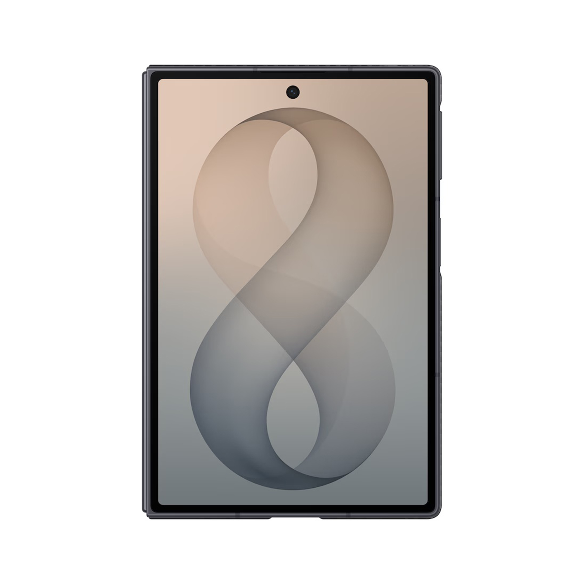 Uno smartphone con uno sfondo dorato brillante e una forma a otto, isolato su sfondo bianco.