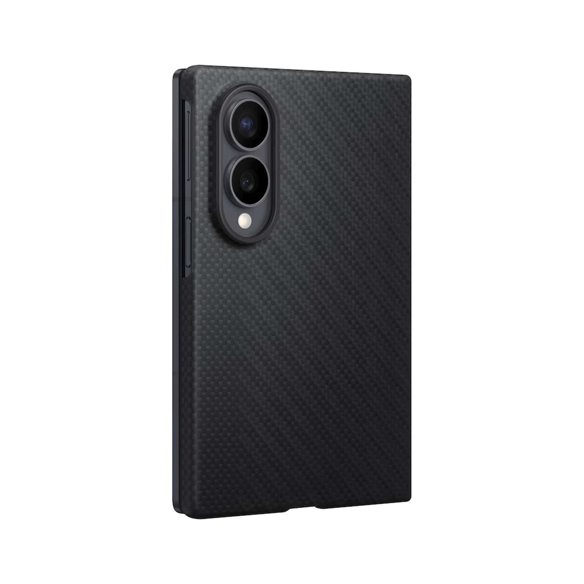 Una custodia per smartphone in fibra di carbonio nera con fotocamera doppia e flash.