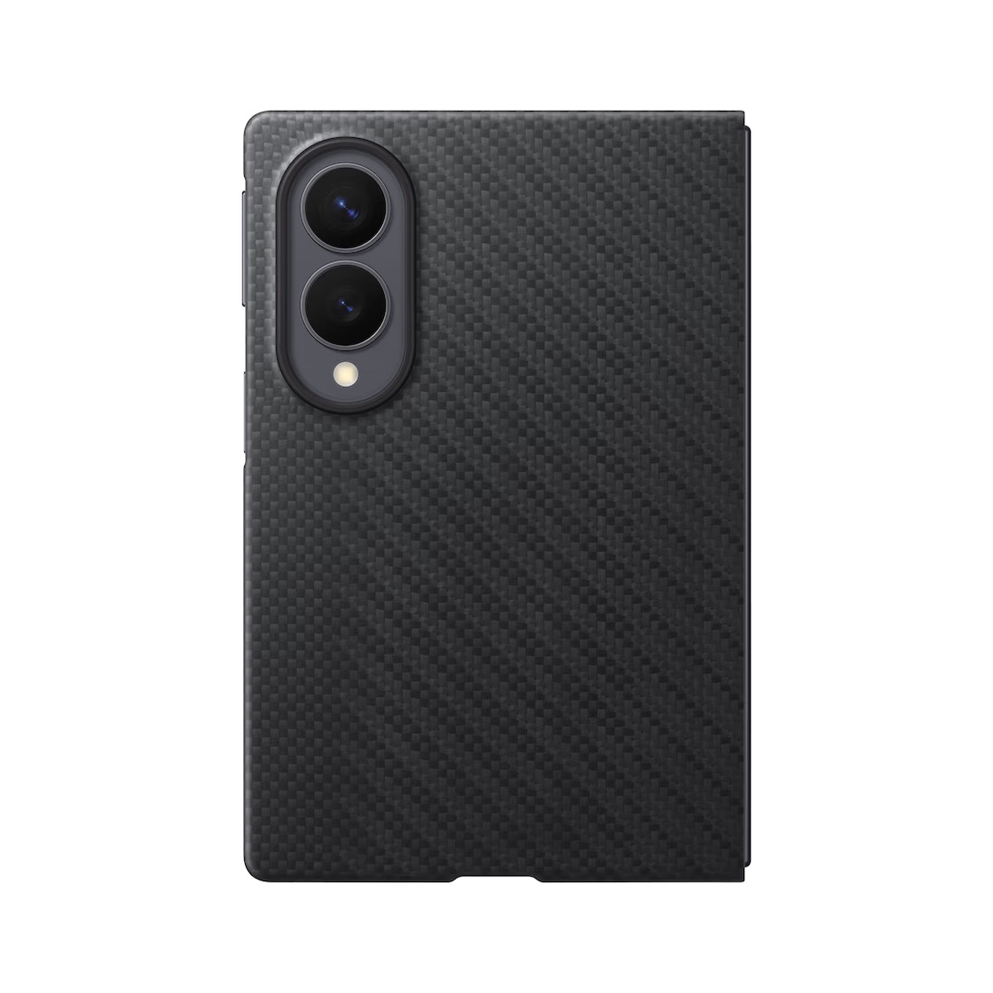 Retro di una cover per smartphone in carbonio nero con modulo a doppia fotocamera verticale.