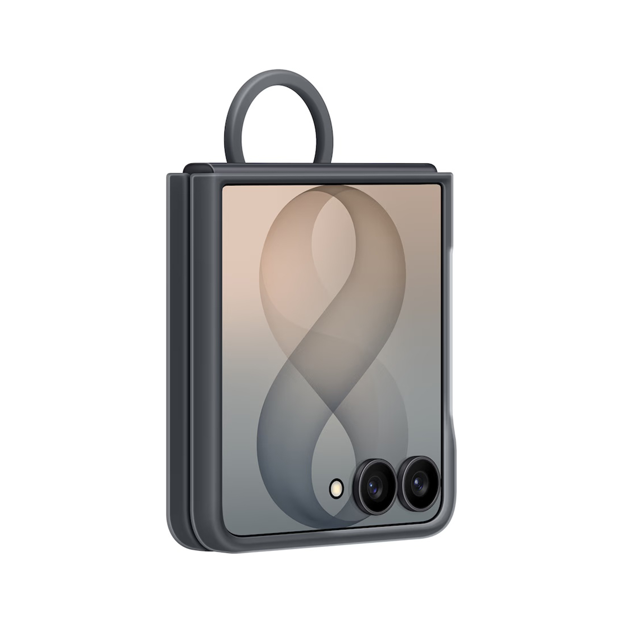 Smartphone scuro piegato con anello verticale in alto, doppia fotocamera e design dello schermo a otto.