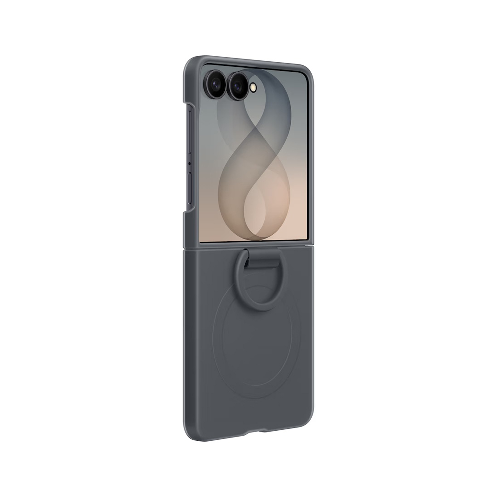 Telefono pieghevole grigio in custodia con due fotocamere e anello.