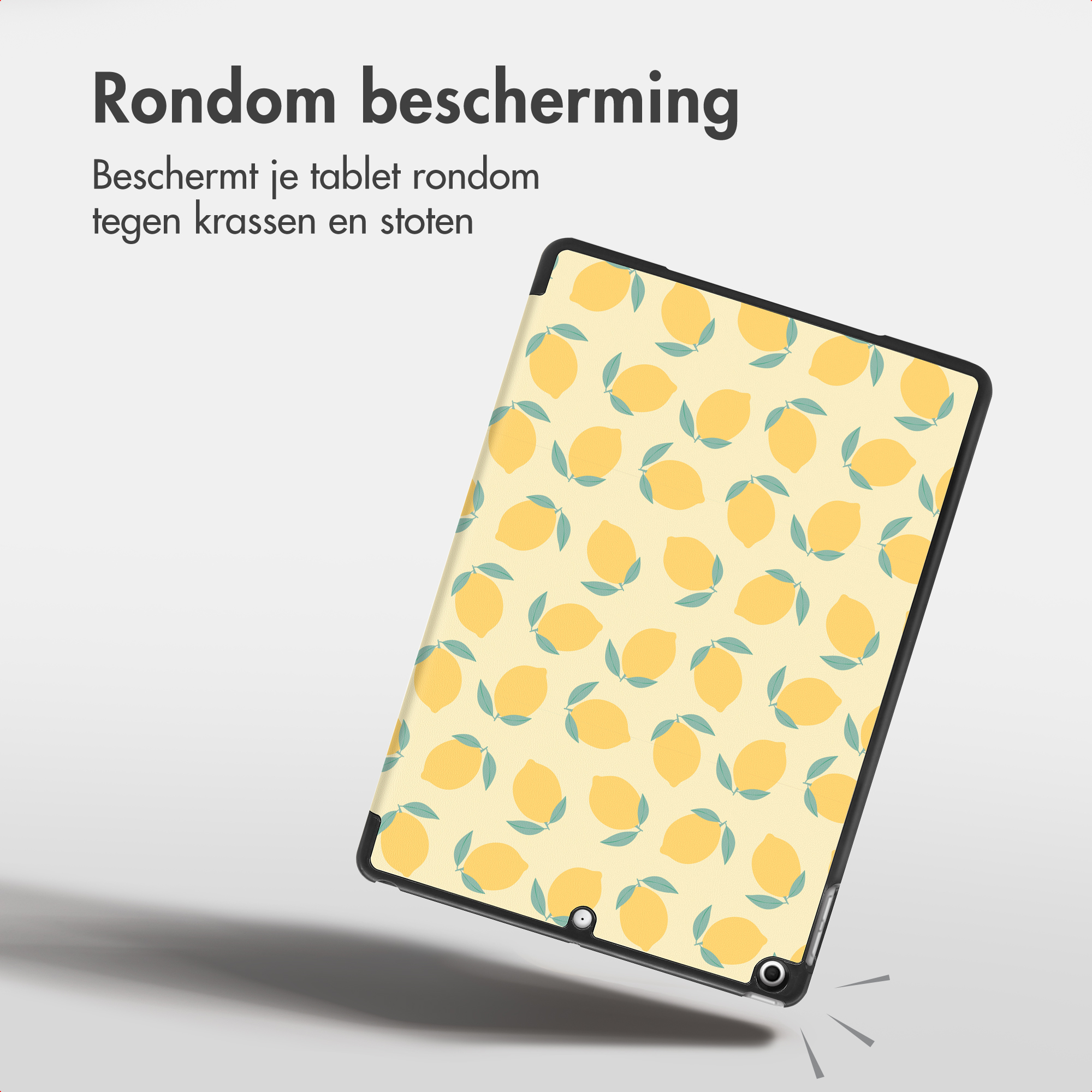 Tablet in una custodia con motivo a limone e testo in olandese.