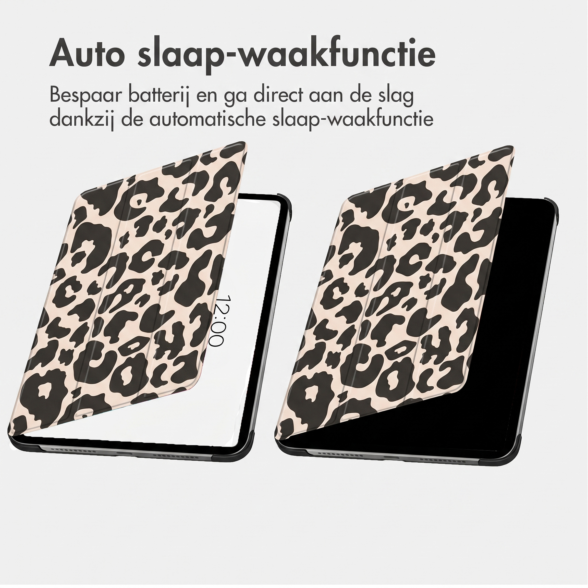 Deux tablettes avec des étuis léopard, montrant la fonction de mise en veille automatique.