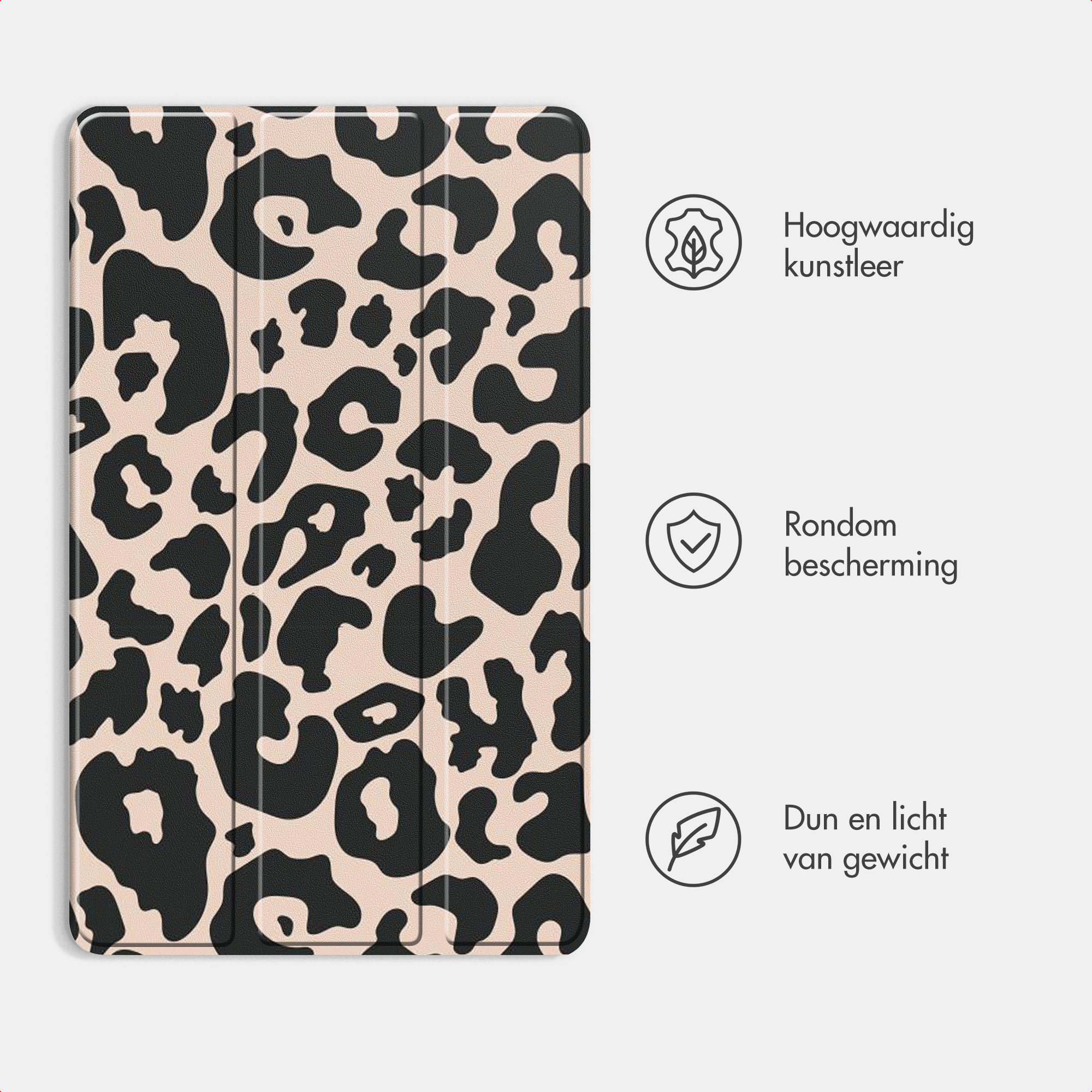 Étui pour tablette à motif léopard avec icônes et texte sur fond blanc.