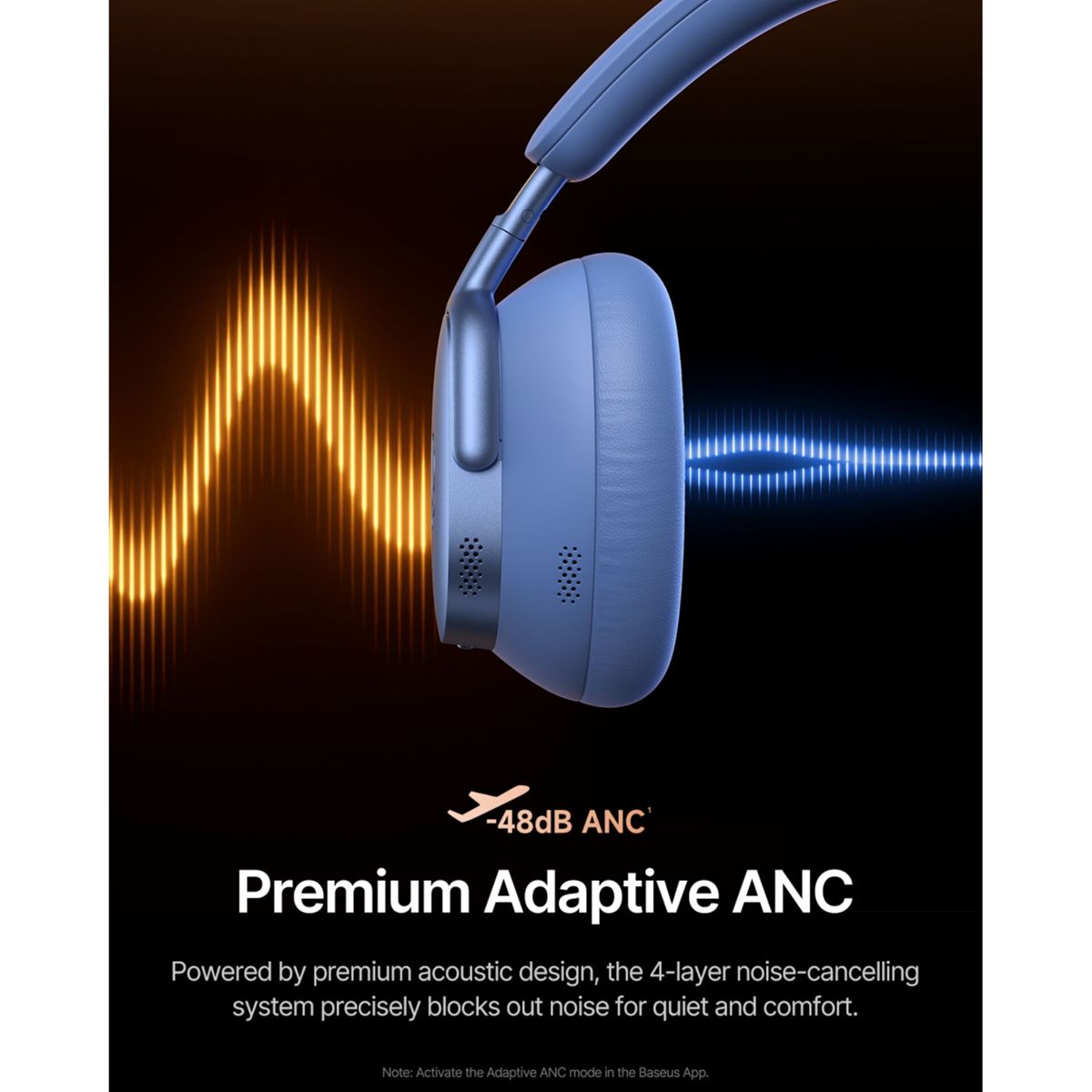 Cuffie wireless blu con cancellazione attiva del rumore e onde sonore arancioni su sfondo nero.