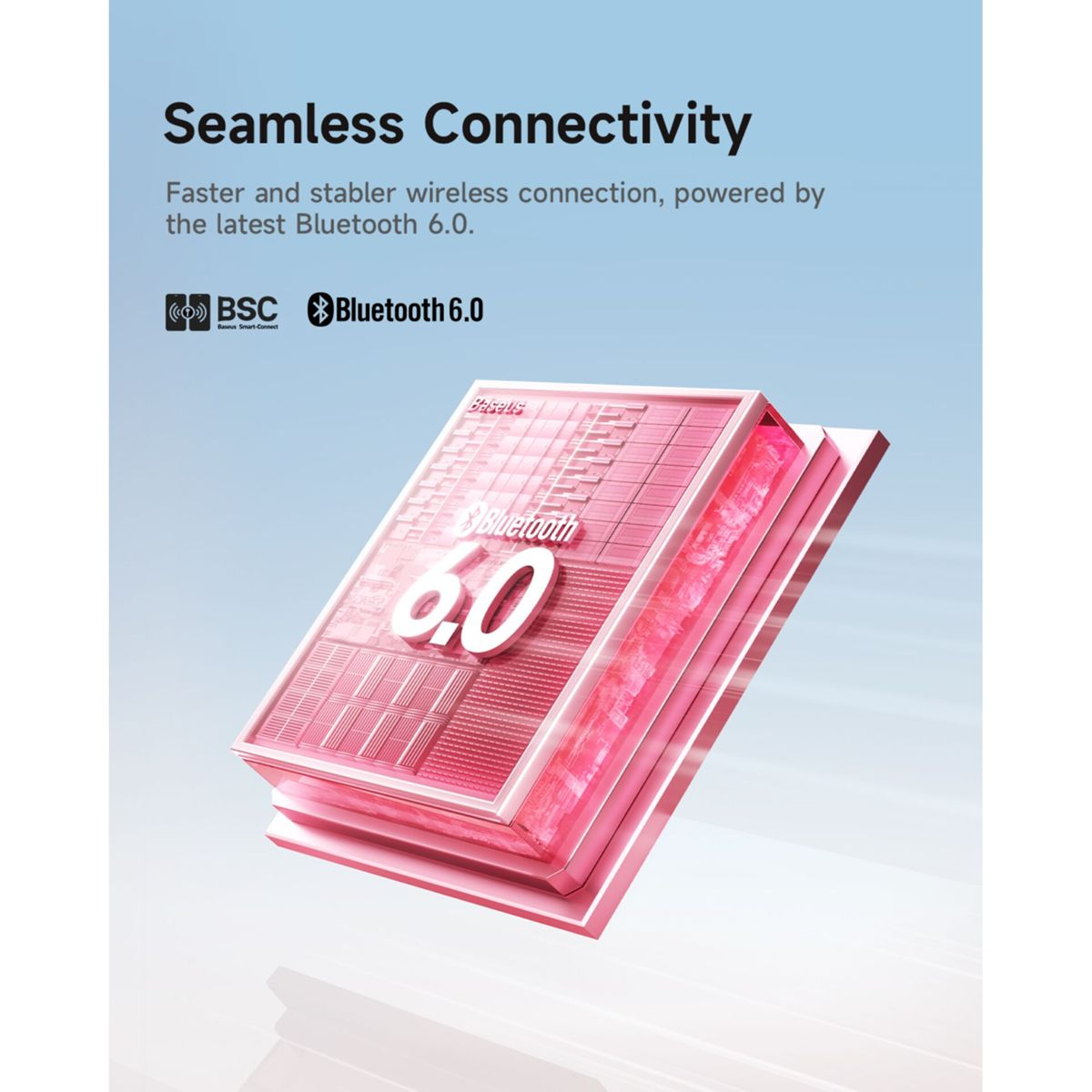 Eine rosa 3D-Chip-Grafik mit dem Text Bluetooth 6.0 vor hellblauem Hintergrund.