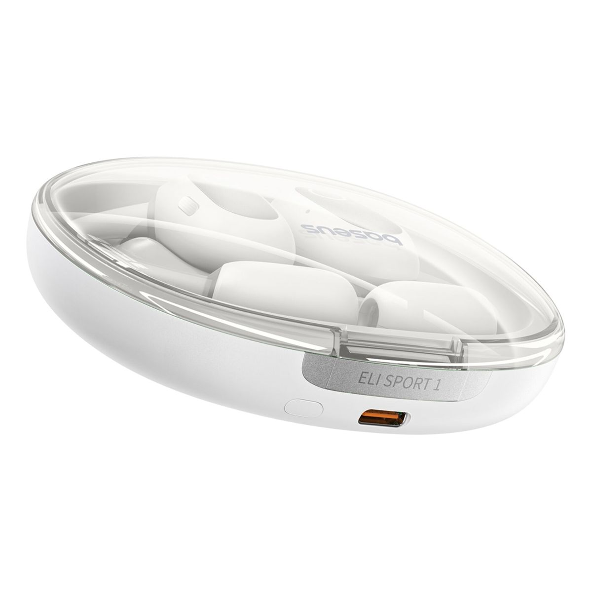 Custodia di ricarica ovale bianca per auricolari Eli Sport 1 con coperchio trasparente.