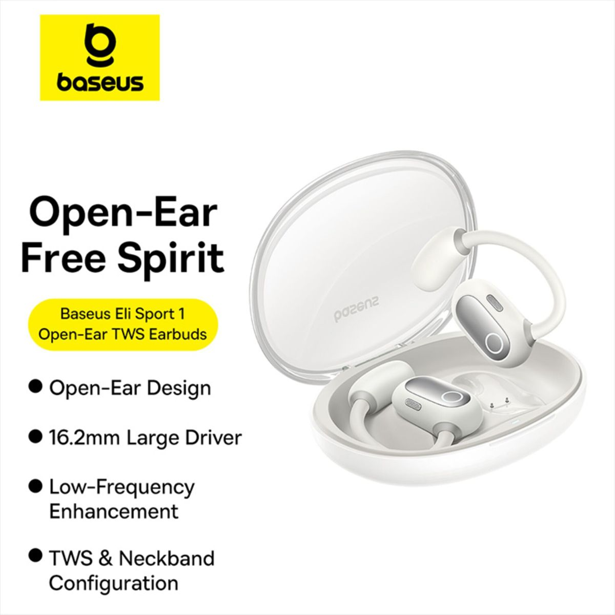 Auricolari TWS open-ear bianchi Baseus Eli Sport 1 in custodia trasparente con testo a sinistra.