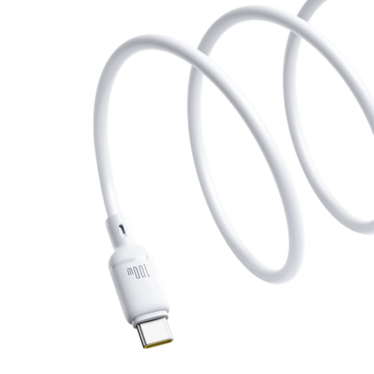 Un cavo USB-C bianco arrotolato mostra il connettore da 100W in primo piano su sfondo bianco.