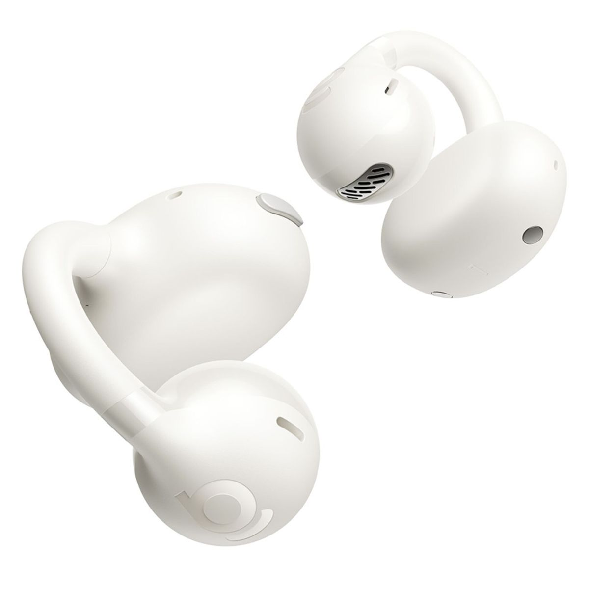 Zwei weiße In-Ear-Kopfhörer mit abgerundetem Design auf hellem Hintergrund.