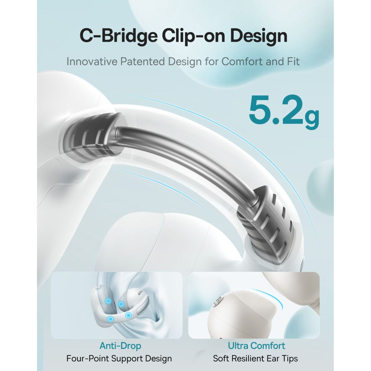 Infografica che mostra auricolari C-Bridge da 5.2g con design anti-caduta e comfort elevato.