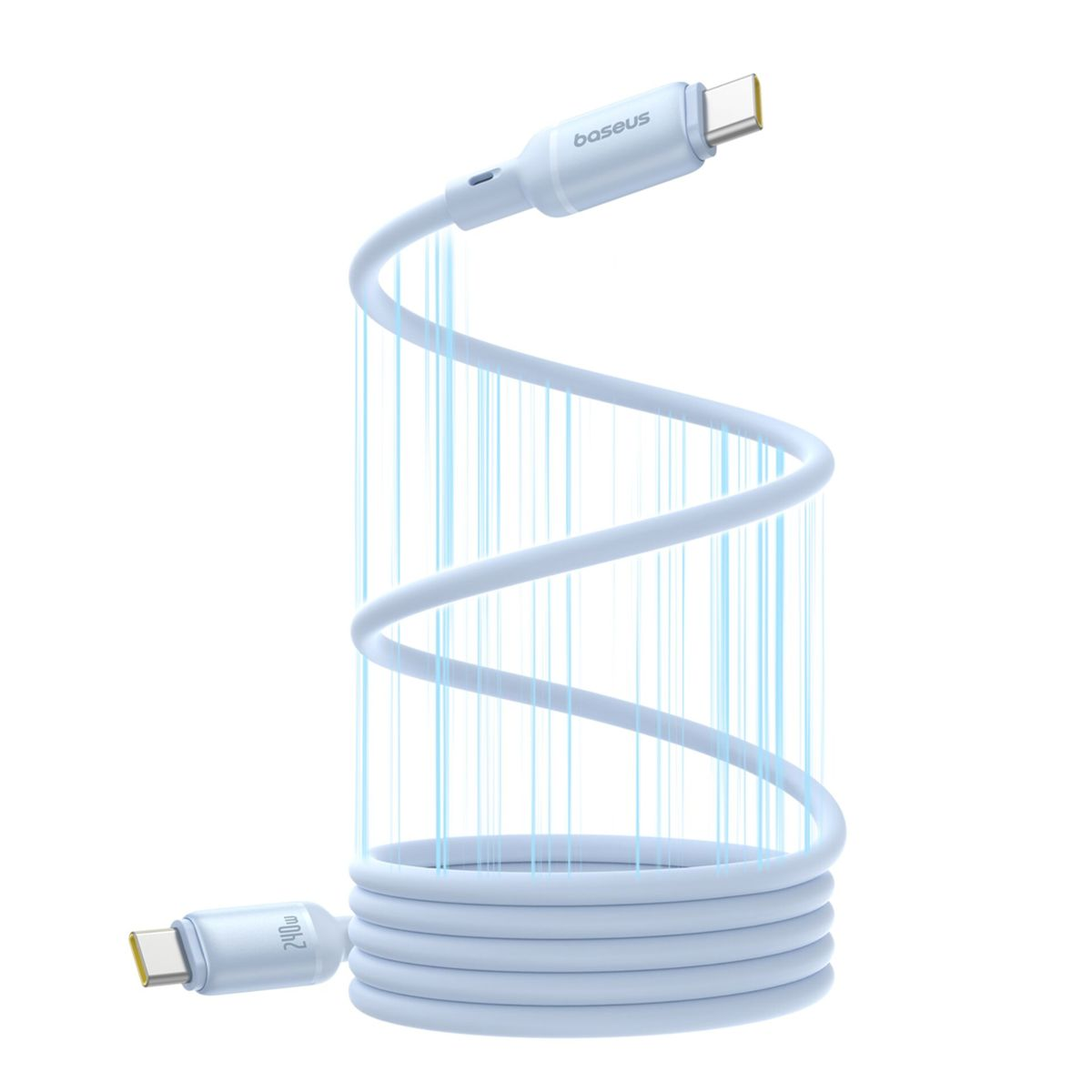 Un cavo di ricarica USB-C azzurro con fasci di luce verticali che illuminano la sezione arrotolata su sfondo bianco.
