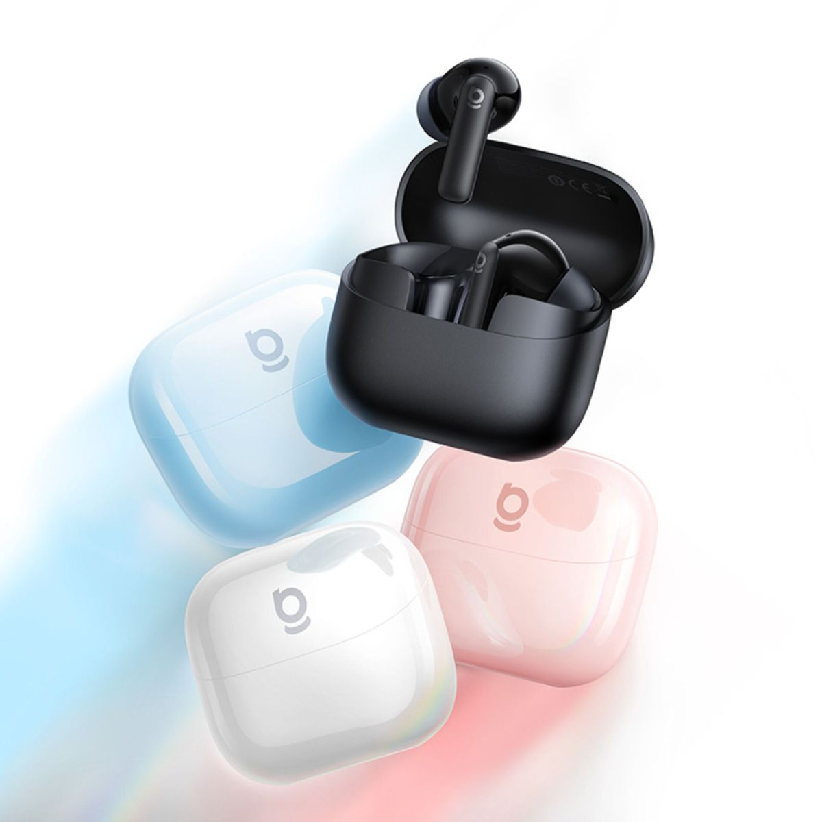 Quattro custodie di ricarica per auricolari wireless in nero, blu, bianco e rosa.