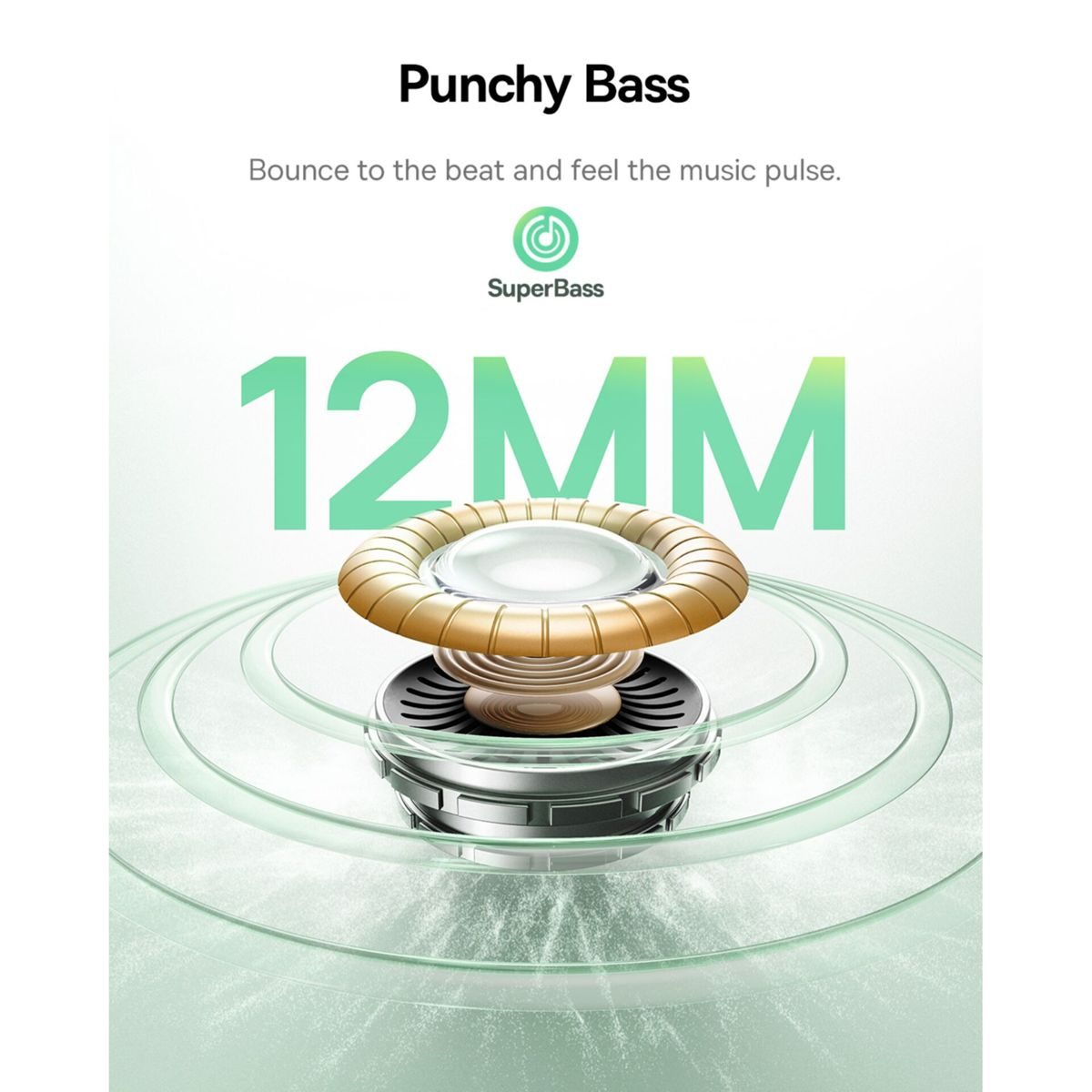 Schema di un altoparlante SuperBass da 12 mm con onde sonore.
