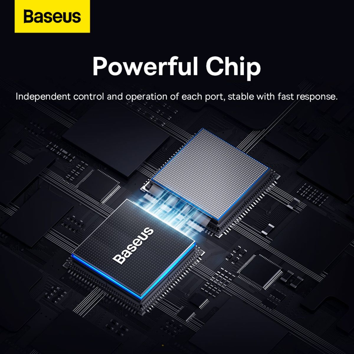 Un microprocesseur Baseus sur un circuit imprimé noir avec lumière bleue.