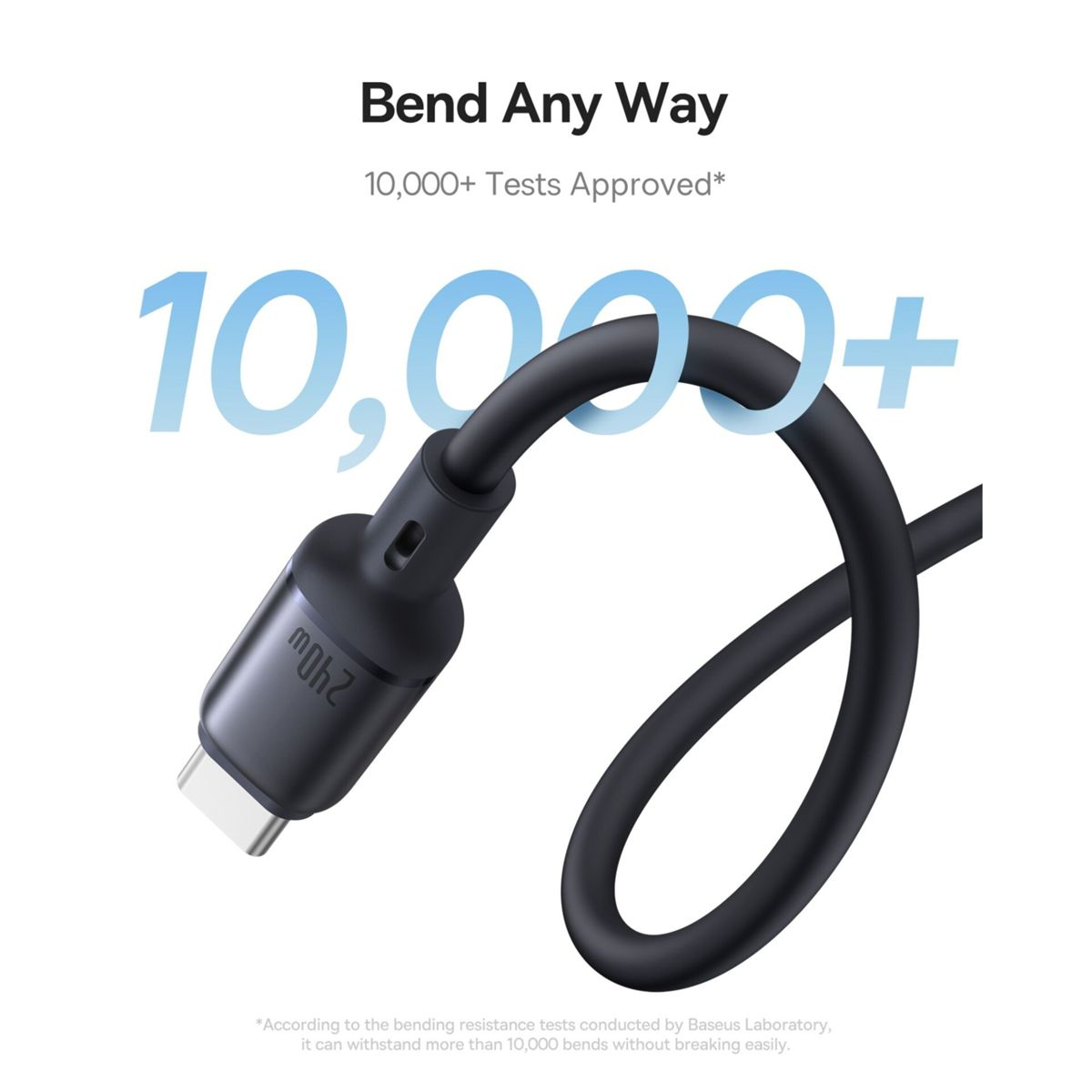 Un cavo USB-C nero curvo con la scritta 240W su sfondo bianco e testo blu.